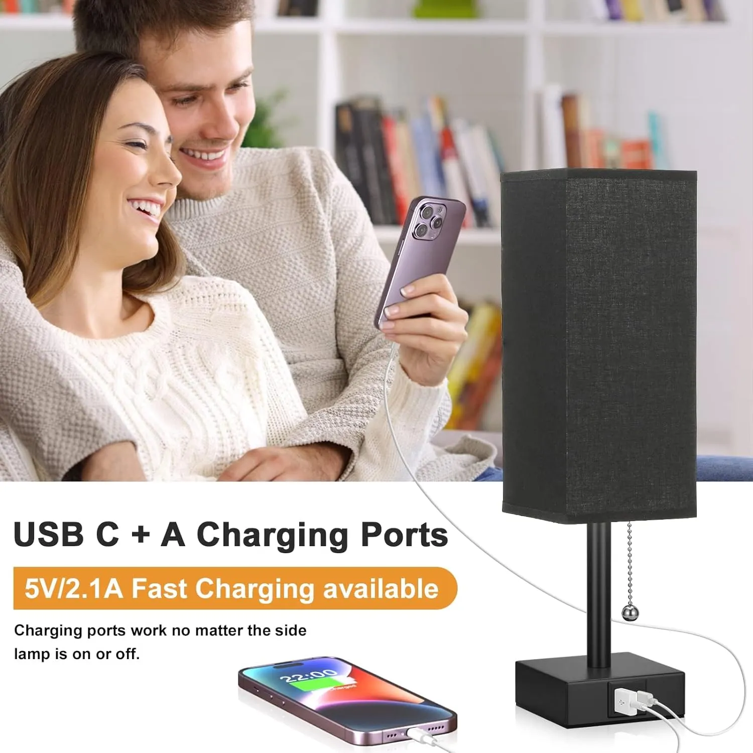 aooshine Black Bedside Table Lamp for Bedroom - 3 Color Modes, USB C A Ports, Pull Chain Control, LED Bulb Included