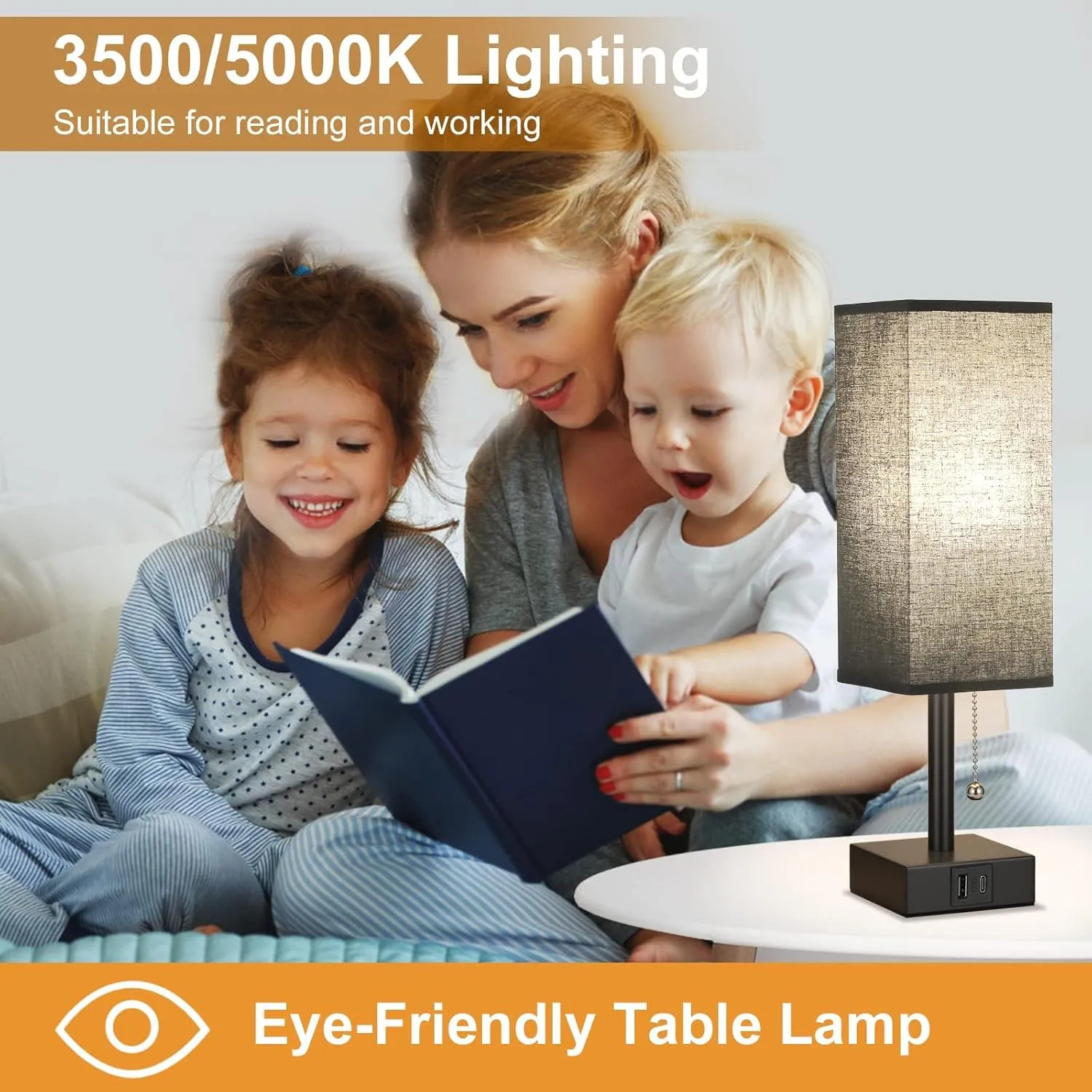 aooshine Black Bedside Table Lamp for Bedroom - 3 Color Modes, USB C A Ports, Pull Chain Control, LED Bulb Included