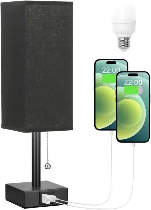 aooshine Black Bedside Table Lamp for Bedroom - 3 Color Modes, USB C A Ports, Pull Chain Control, LED Bulb Included