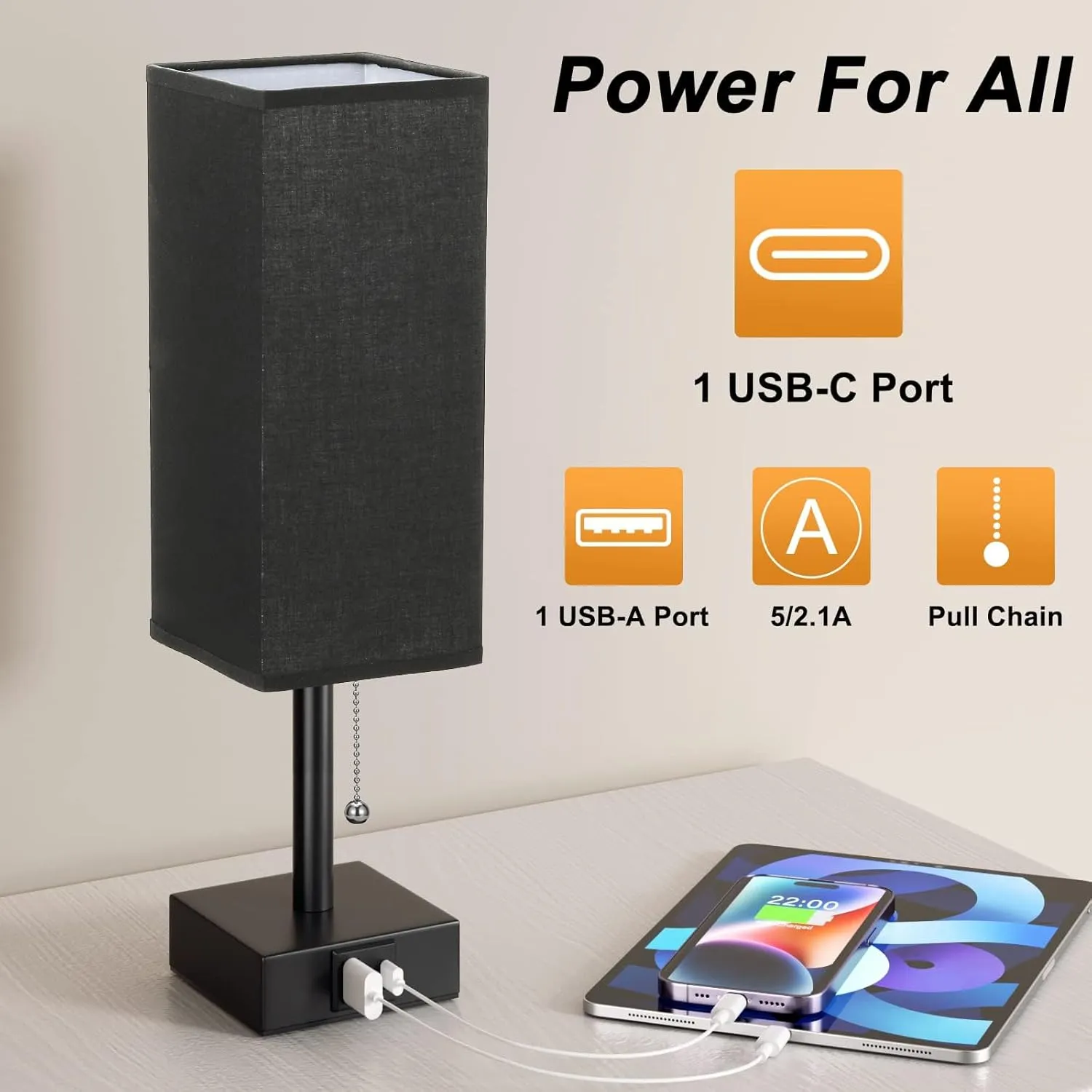 aooshine Black Bedside Table Lamp for Bedroom - 3 Color Modes, USB C A Ports, Pull Chain Control, LED Bulb Included