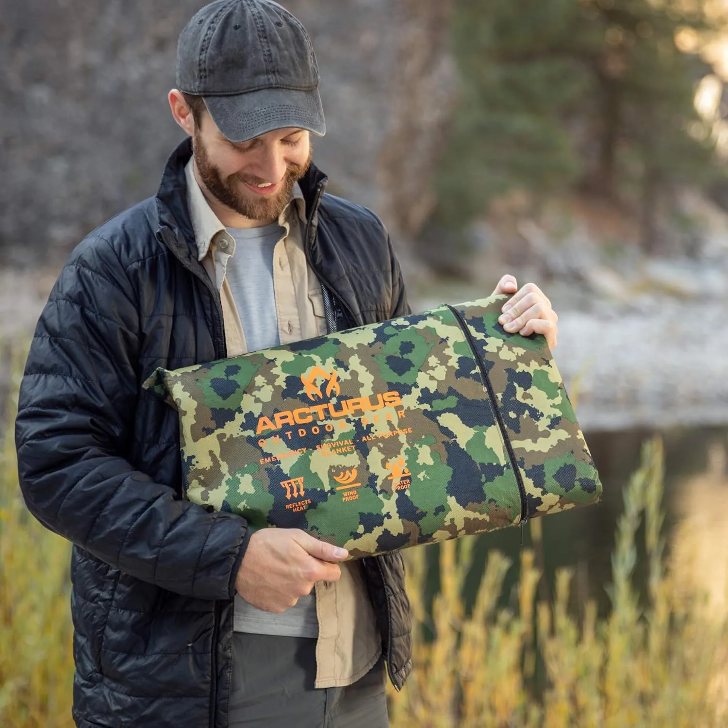 Arcturus XL Survival Tarp - Insulated Reflective Thermal Camping Tarp - 8.5' x 12' (Woodland Camo)