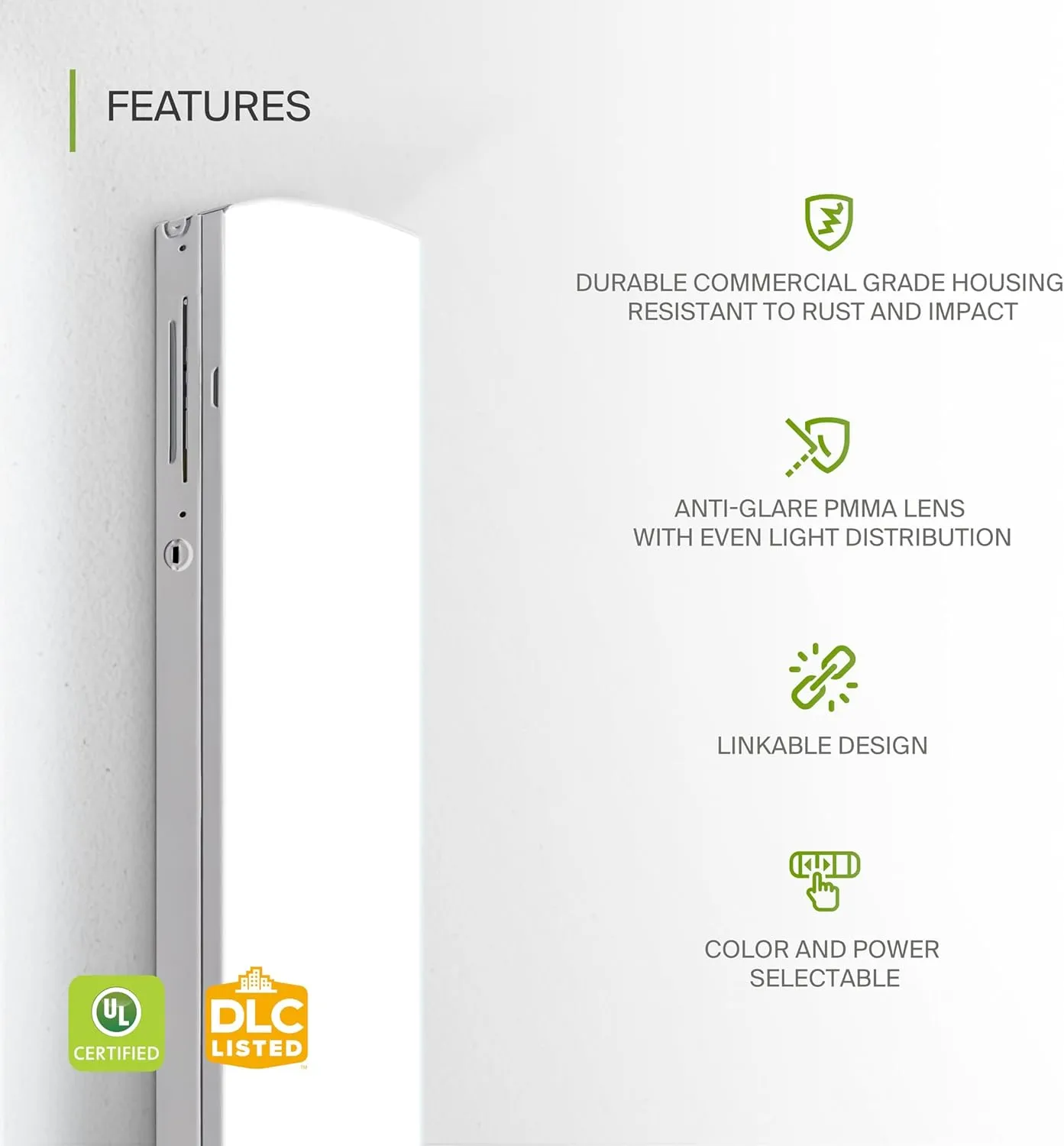 ASD 4ft LED Linear Strip Light Fixture with Q-Base | UL DLC Stairwell Certified Luminaire 25W-40W 120-277V Linkable LED Shop Light | 3500K-5000K Adjustable Commercial Ceiling Light Fixture
