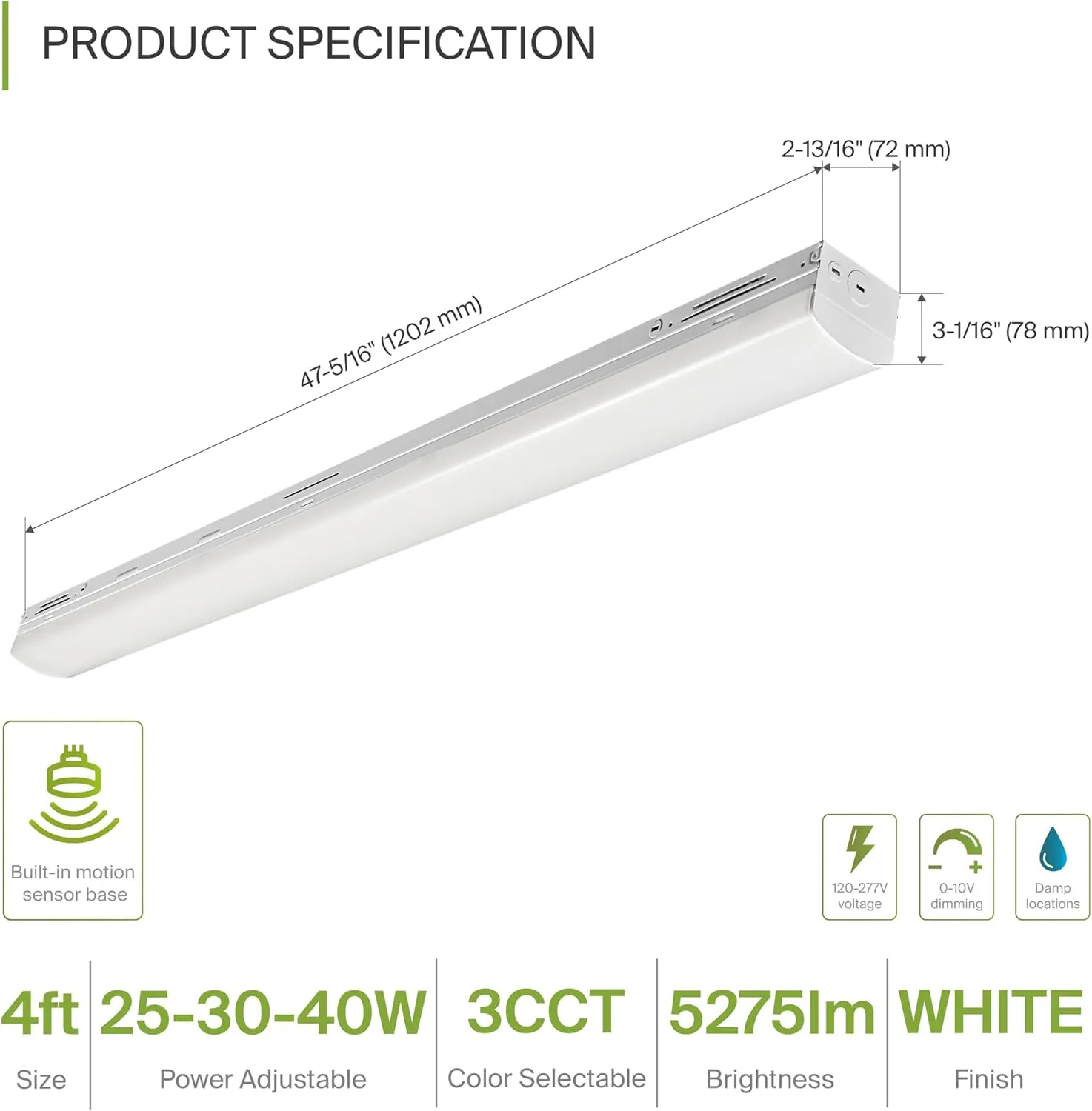 ASD 4ft LED Linear Strip Light Fixture with Q-Base | UL DLC Stairwell Certified Luminaire 25W-40W 120-277V Linkable LED Shop Light | 3500K-5000K Adjustable Commercial Ceiling Light Fixture