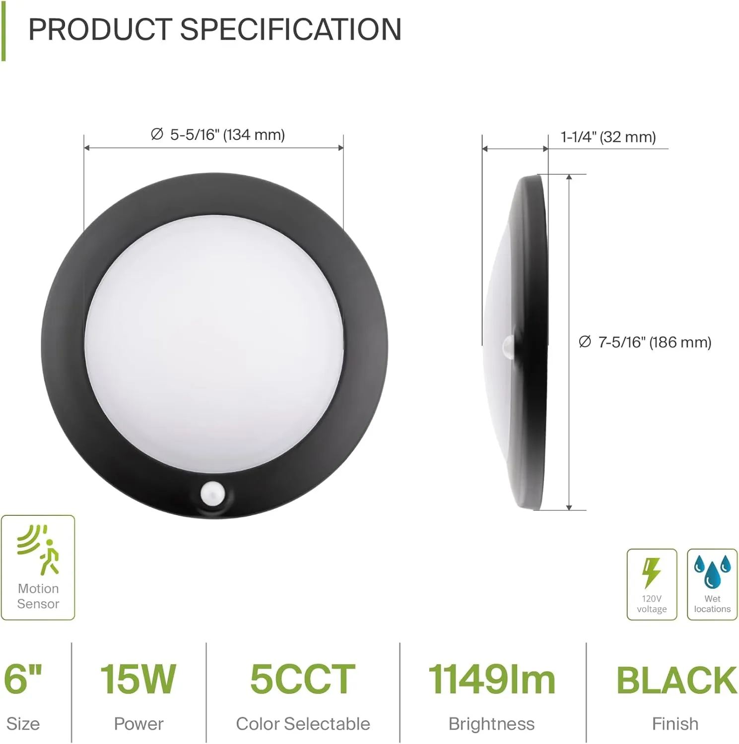 ASD 6 Pack Motion Sensor LED Disk Lights 6 Inch, 15W 5CCT 2700-5000K 1149LM CRI90 , Indoor Ceiling Flush Mount Light Fixture, Low Profile Lighting for Closet, Hallway, Pantry, Porch, Garage, Black, UL