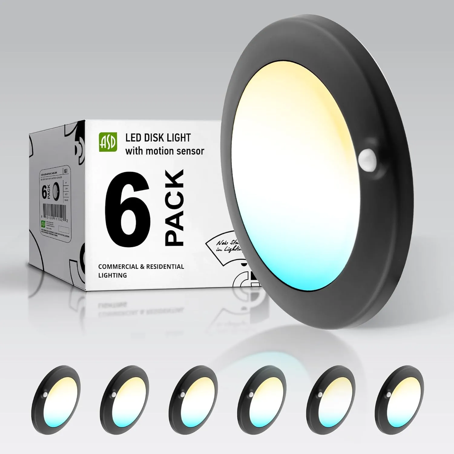 ASD 6 Pack Motion Sensor LED Disk Lights 6 Inch, 15W 5CCT 2700-5000K 1149LM CRI90 , Indoor Ceiling Flush Mount Light Fixture, Low Profile Lighting for Closet, Hallway, Pantry, Porch, Garage, Black, UL