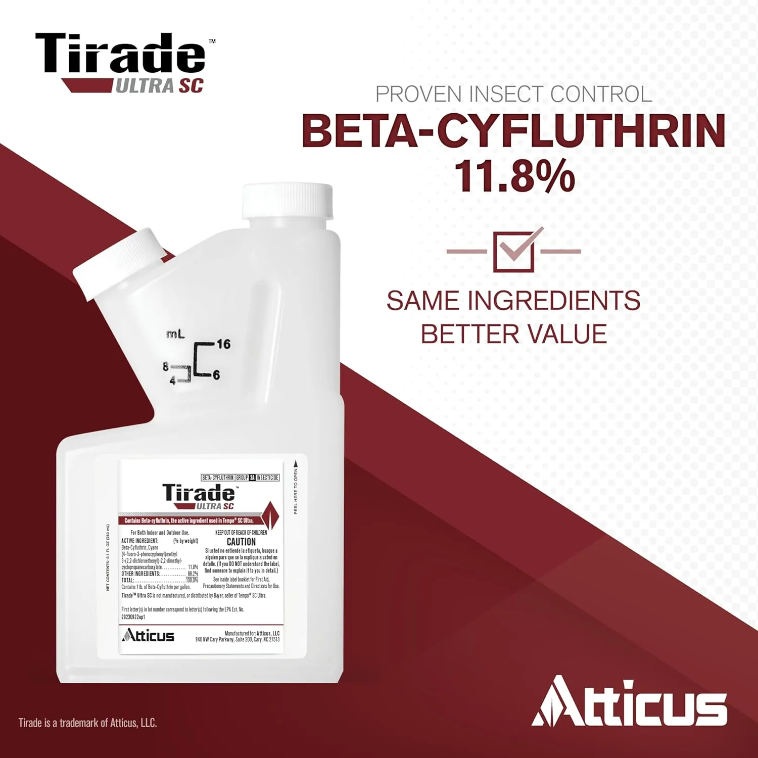 Atticus Tirade Ultra SC Insecticide (240 mL) - Compare to The Leading Brand - Beta-Cyfluthrin Pest Control for Indoor and Outdoor Use