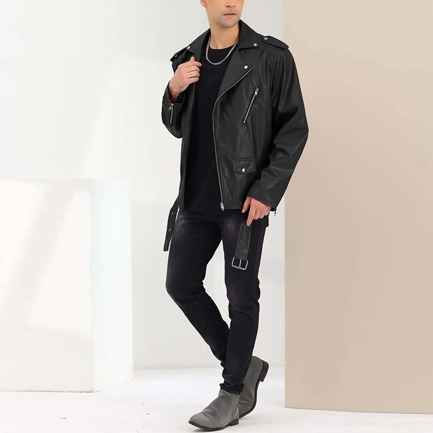 Autumn and Winter New Men's Slim Zip Lapel Motorcycle Stayed Leather Coat Vintage Jackets for Men Men's Down Jacket