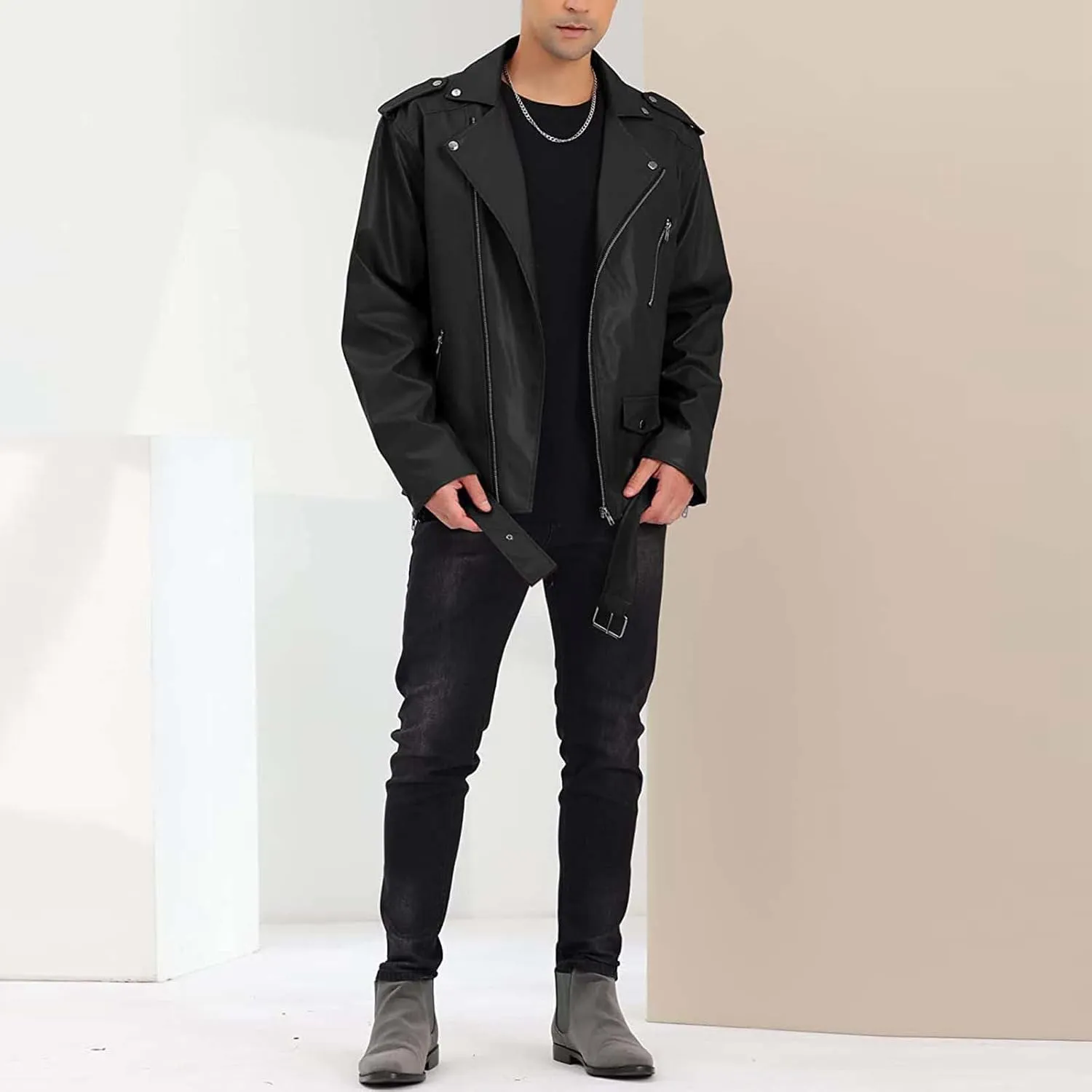 Autumn and Winter New Men's Slim Zip Lapel Motorcycle Stayed Leather Coat Vintage Jackets for Men Men's Down Jacket