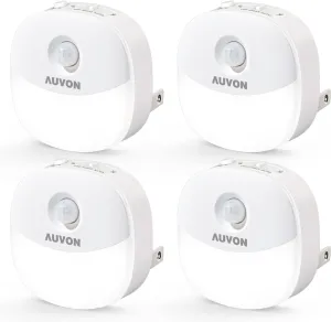 AUVON Plug in Night Light with Motion Sensor and Dusk to Dawn Sensor, Mini Cool White LED Nightlight with 1-50 lm Adjustable Brightness for Bathroom, Hallway, Stairs, Bedroom, Kitchen, 4 Packs
