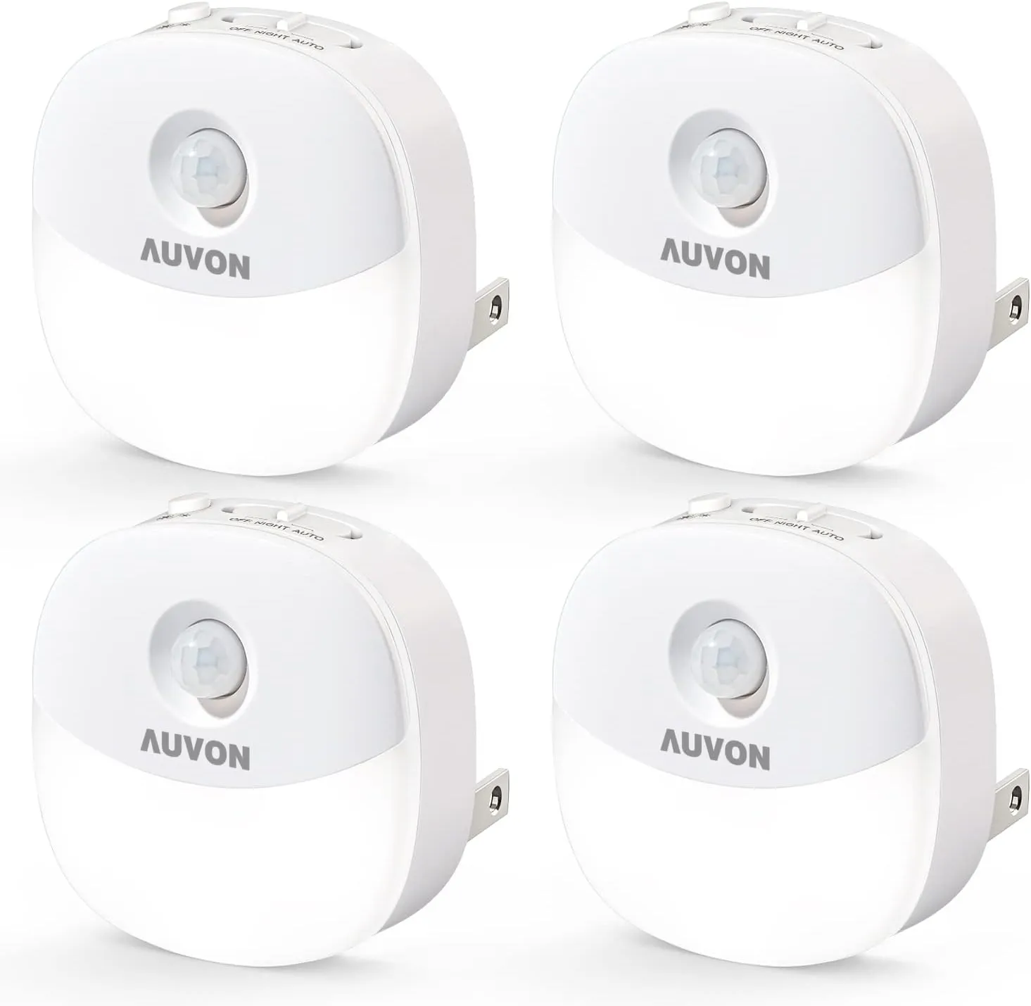 AUVON Plug in Night Light with Motion Sensor and Dusk to Dawn Sensor, Mini Cool White LED Nightlight with 1-50 lm Adjustable Brightness for Bathroom, Hallway, Stairs, Bedroom, Kitchen, 4 Packs