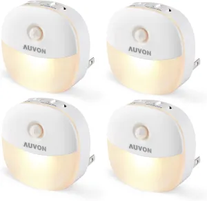 AUVON Plug in Night Light with Motion Sensor and Dusk to Dawn Sensor, Mini Warm White LED Nightlight with 1-50 lm Adjustable Brightness for Bathroom, Hallway, Stairs, Bedroom, Kitchen, 4 Packs