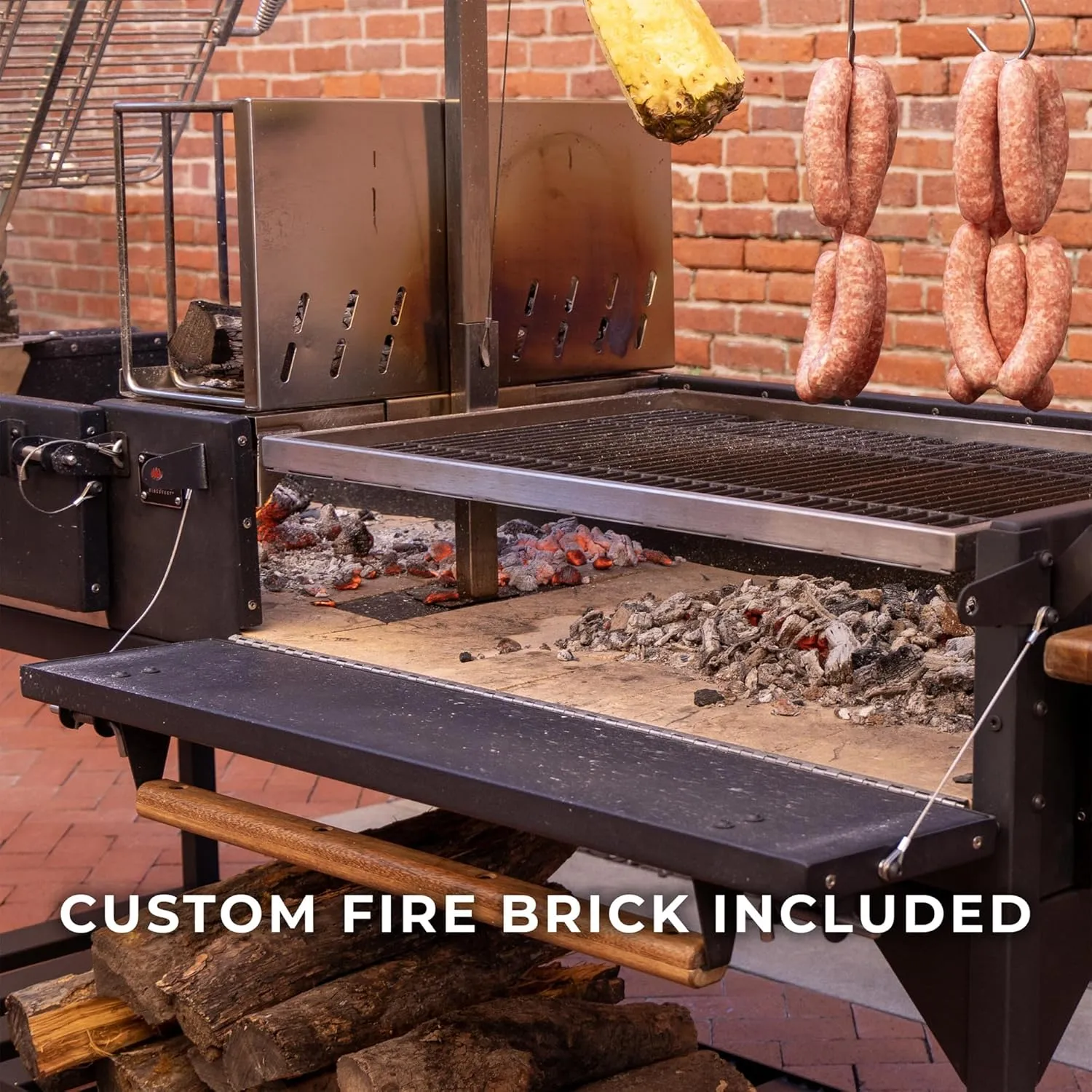 Backyard Discovery Argentine Santa Maria XL Wood Fire & Charcoal Steel BBQ Grill with Asado Clamp, Adjustable Grill Grates, Brasero, Fire Bricks, S-Hooks, Acacia Wood Table for Outdoor Gaucho Grilling