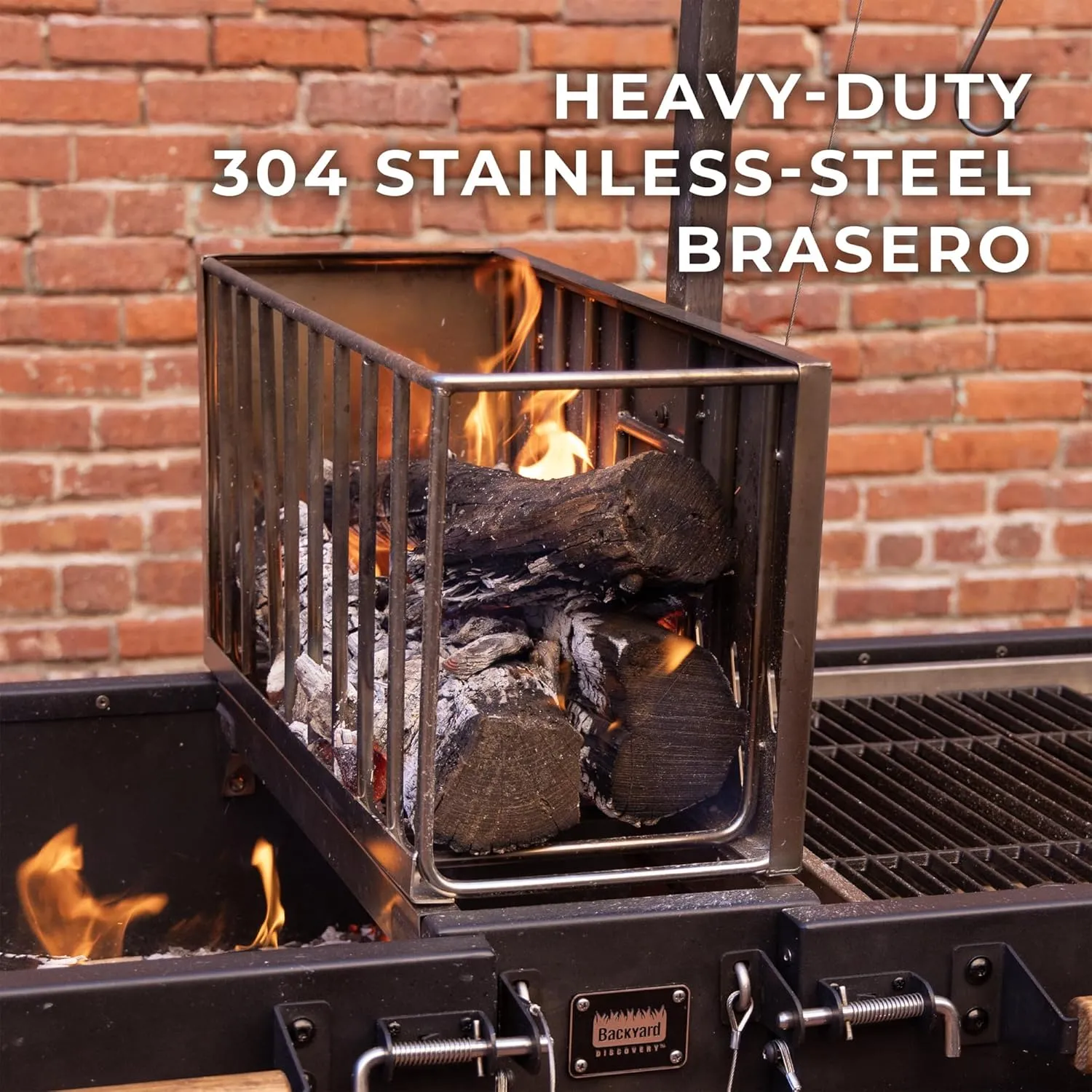 Backyard Discovery Argentine Santa Maria XL Wood Fire & Charcoal Steel BBQ Grill with Asado Clamp, Adjustable Grill Grates, Brasero, Fire Bricks, S-Hooks, Acacia Wood Table for Outdoor Gaucho Grilling