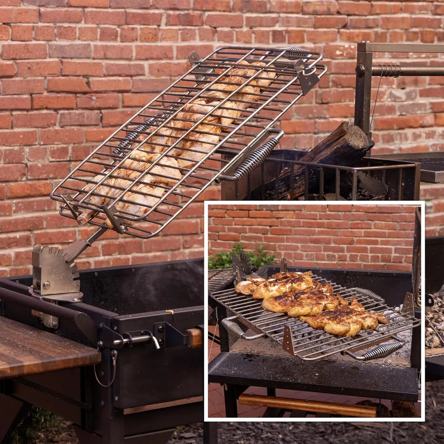 Backyard Discovery Argentine Santa Maria XL Wood Fire & Charcoal Steel BBQ Grill with Asado Clamp, Adjustable Grill Grates, Brasero, Fire Bricks, S-Hooks, Acacia Wood Table for Outdoor Gaucho Grilling
