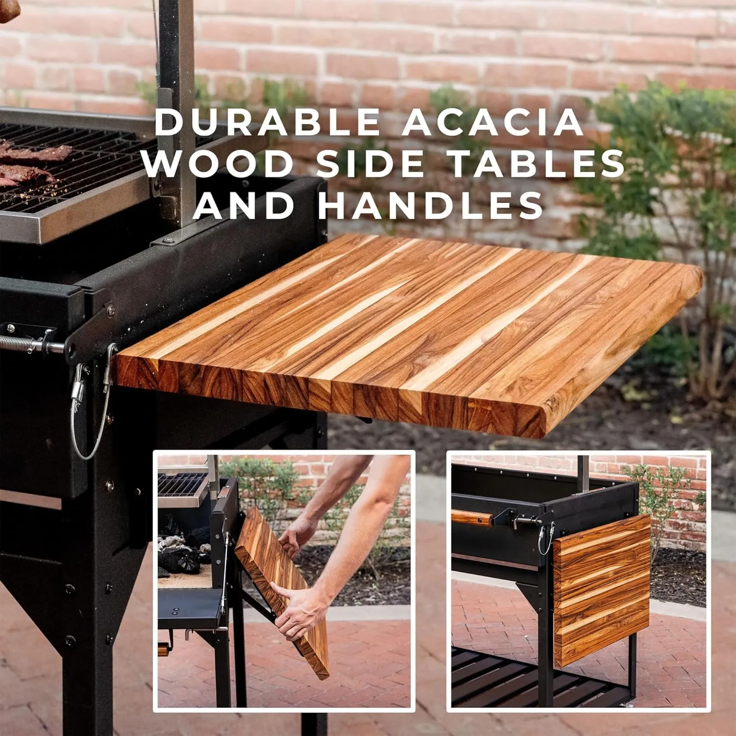 Backyard Discovery Argentine Santa Maria XL Wood Fire & Charcoal Steel BBQ Grill with Asado Clamp, Adjustable Grill Grates, Brasero, Fire Bricks, S-Hooks, Acacia Wood Table for Outdoor Gaucho Grilling