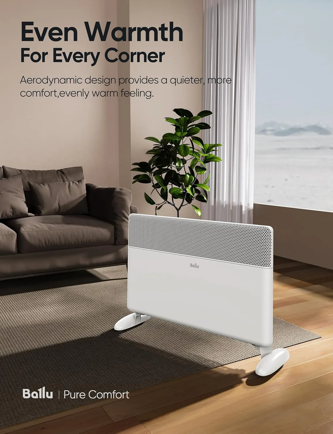 Ballu Convection Panel Space Heater,1500W Whole Room Heater for Indoor Use Large Room with Program Thermostat,Wifi App,Remote,Portable Standing Wall Mount Electric Space Heater Indoor,Work with Alexa