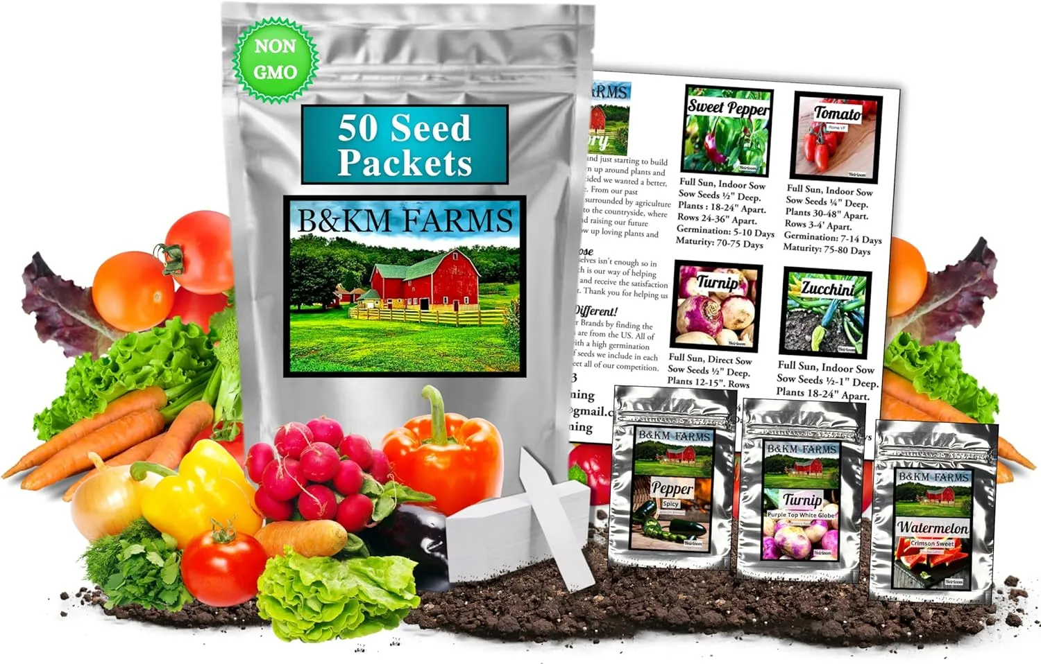 B&KM Farms 30,000  Survival Seed Kit 5  Year Supply. 50 Fruit & Vegetable Non-GMO Heirloom Seeds for Planting a Home Garden. Secure Emergency Weather-Proof Package(1, Large)