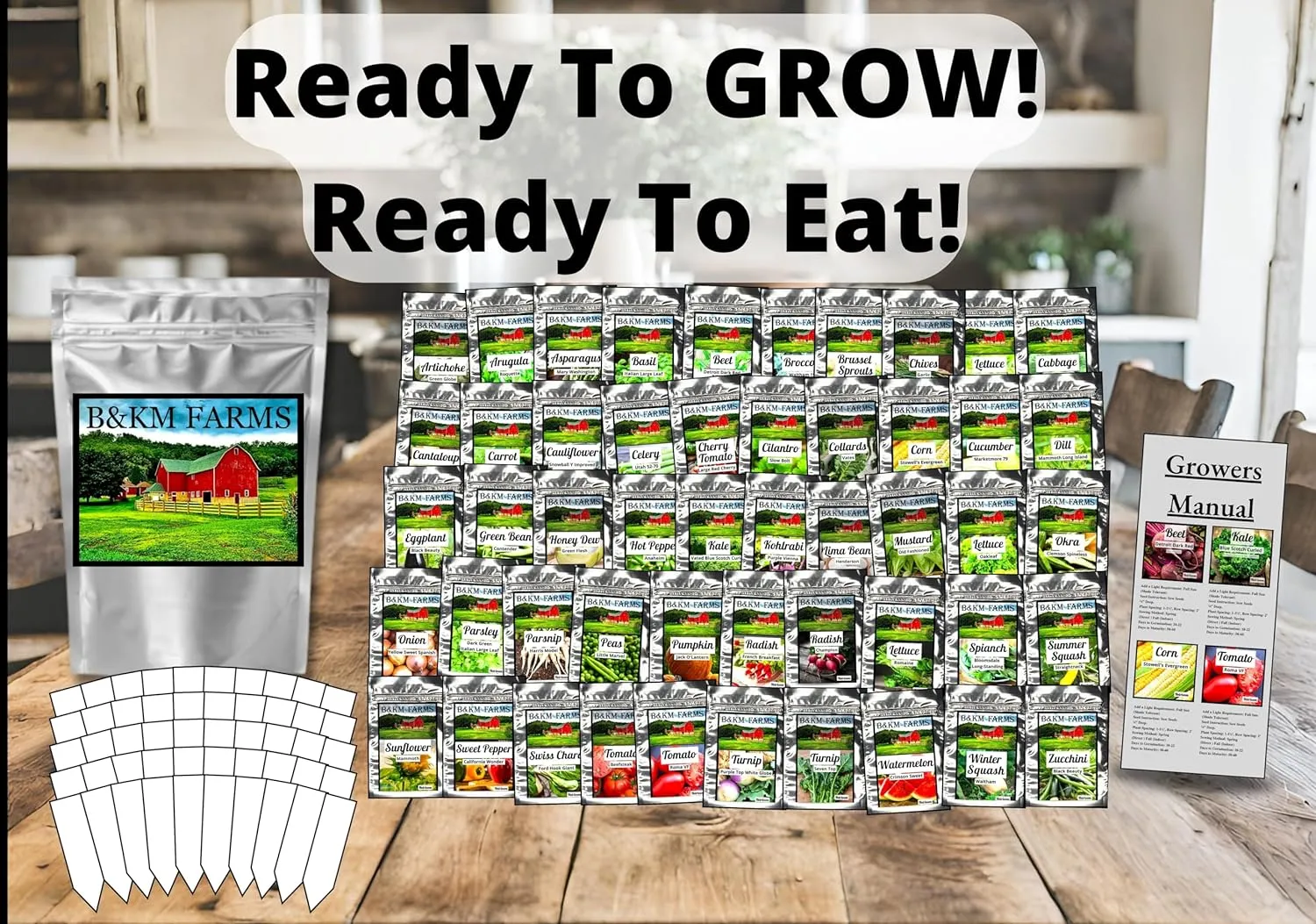 B&KM Farms 30,000  Survival Seed Kit 5  Year Supply. 50 Fruit & Vegetable Non-GMO Heirloom Seeds for Planting a Home Garden. Secure Emergency Weather-Proof Package(1, Large)