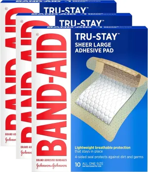 Band-Aid Brand Tru-Stay Adhesive Pads, Large Sterile Bandages for Wound Care, Large Size, 10 ct (Pack of 3)