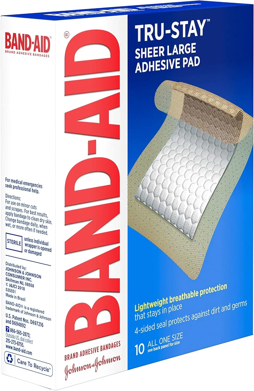 Band-Aid Brand Tru-Stay Adhesive Pads, Large Sterile Bandages for Wound Care, Large Size, 10 ct (Pack of 3)