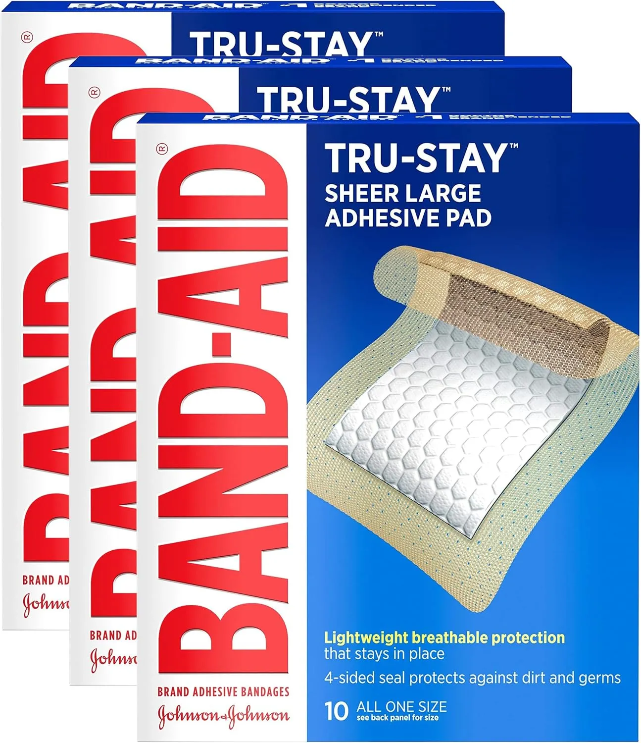 Band-Aid Brand Tru-Stay Adhesive Pads, Large Sterile Bandages for Wound Care, Large Size, 10 ct (Pack of 3)