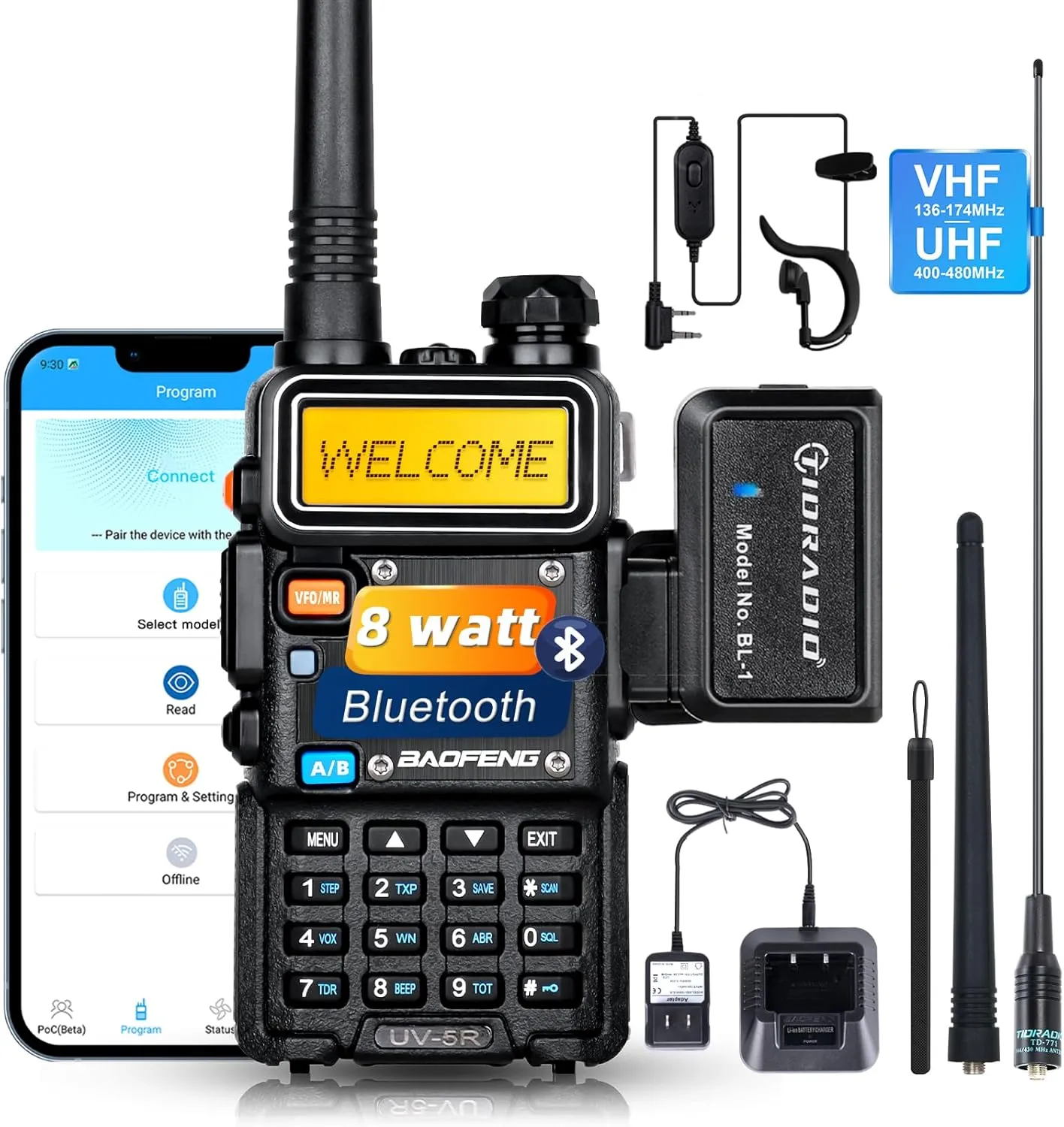 BaoFeng Radio UV-5R Pro 8Watt Ham Radio Handheld, Supported Phone Program, Wireless Programmer with 771 Long Antenna Walkie Talkies Two Way Radio Survival Gear Full Kit