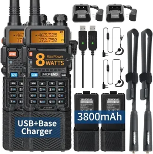 BAOFENG UV-5R 8W Ham Radios Long Range UV5R Handheld Dual Band High Power 3800mAh Rechargeable Walkie Talkies Portable Two Way Radio with Earpiece USB Charging Cable Full Kit,2Pack