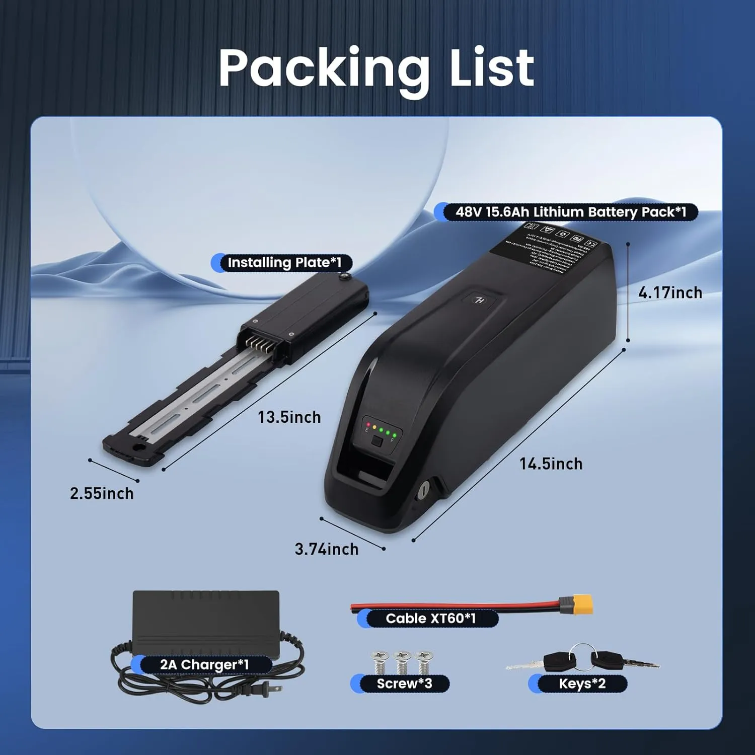 Battery for Ebike 48V15.6Ah, 10.4Ah/ 20Ah Lithium Pack with BMS for 0-1800W Motor, Indicator Light, Safe Lock, USB Port, XT60 Plug (48V15.6AH-4PIN)