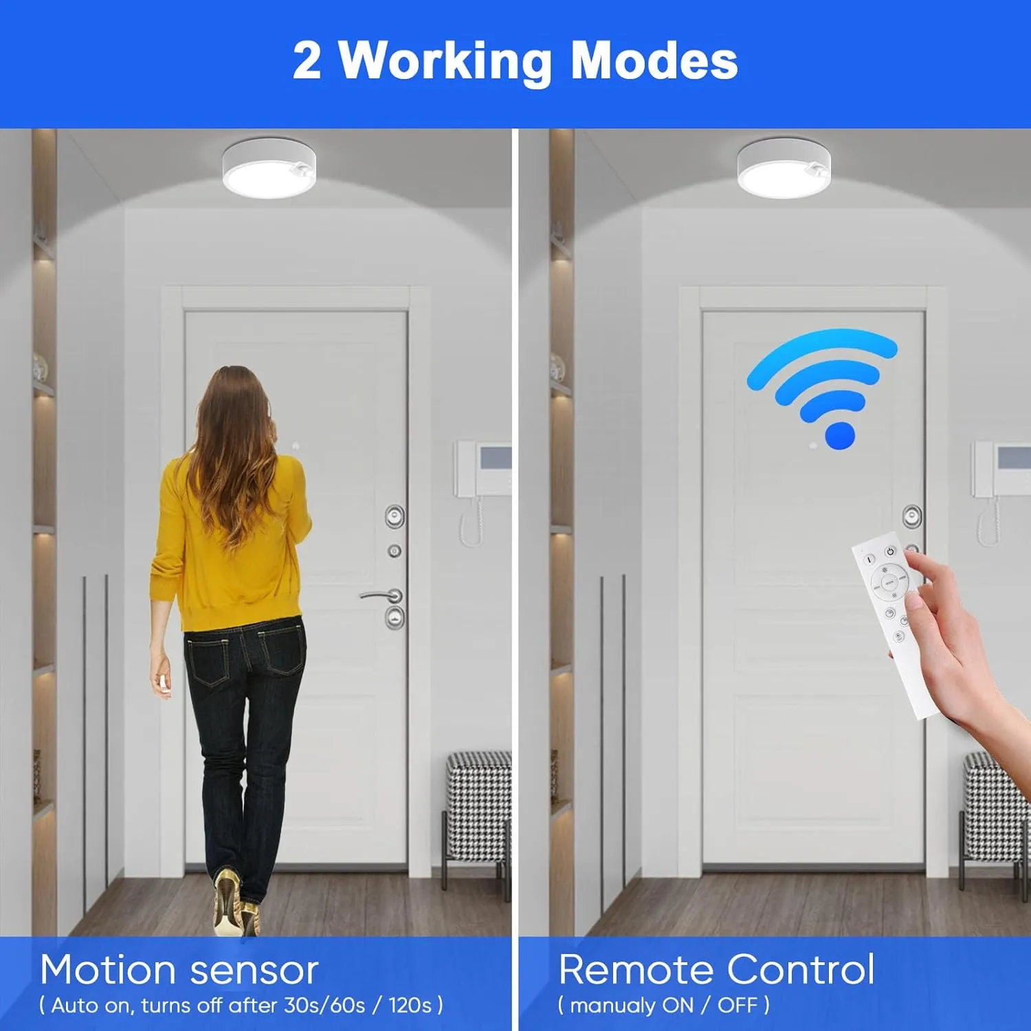 Battery Operated Motion Sensor Ceiling Light Fixture-Wireless Motion Sensor Light Indoor with Remote/Timer, Battery Powered Closet Light Cordless for Hallway Stair Garage Pantry Laundry 3000K-6500K