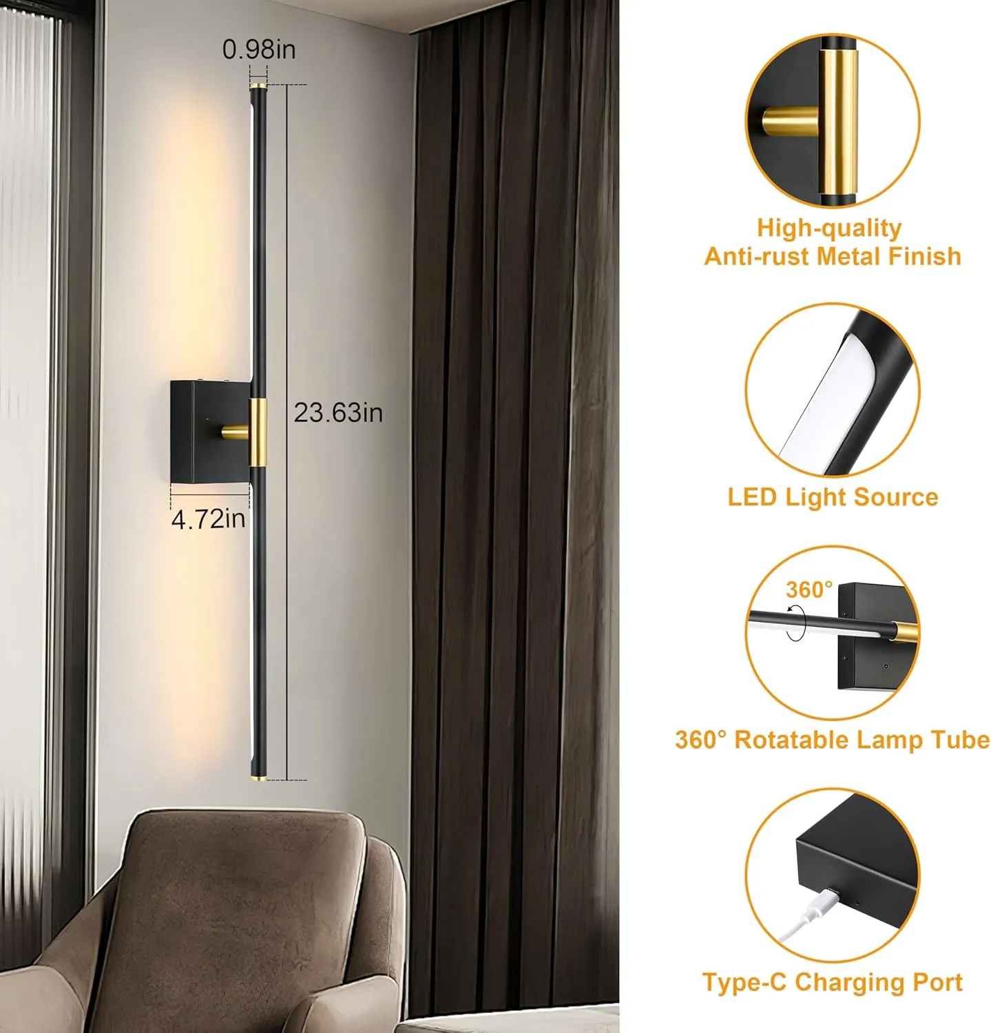 Battery Operated Wall Sconces Set of 2, Dimmable Battery Wall Sconce with Remote Control, Black Gold LED Rechargeable Sconces, 24 Inch Modern Wireless Wall Lights for Bedroom, Living Room