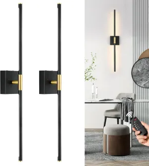 Battery Operated Wall Sconces Set of 2, Dimmable Battery Wall Sconce with Remote Control, Black Gold LED Rechargeable Sconces, 24 Inch Modern Wireless Wall Lights for Bedroom, Living Room