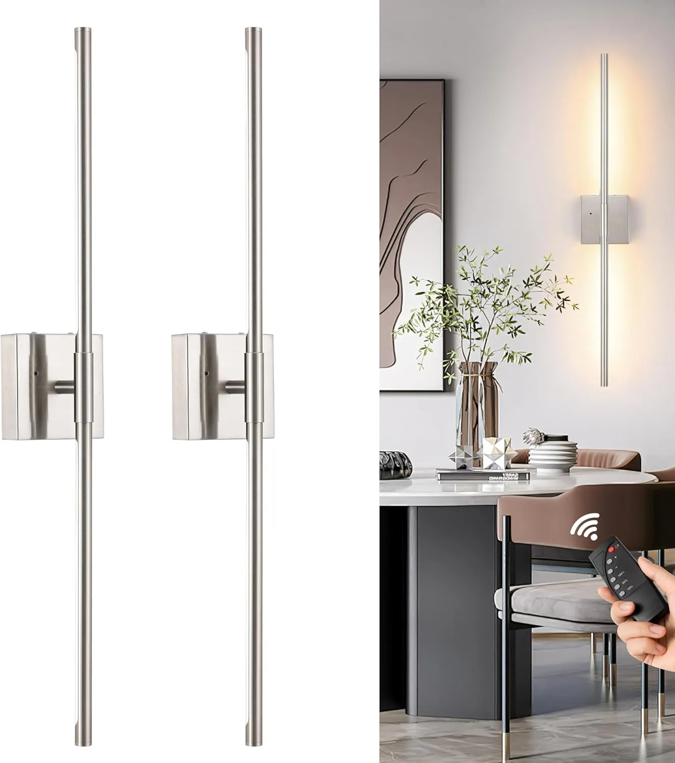 Battery Operated Wall Sconces Set of 2, Dimmable Battery Wall Sconce with Remote Control, Sand-Nickel LED Rechargeable Sconces, 24 Inch Modern Wireless Wall Lights for Bedroom, Living Room
