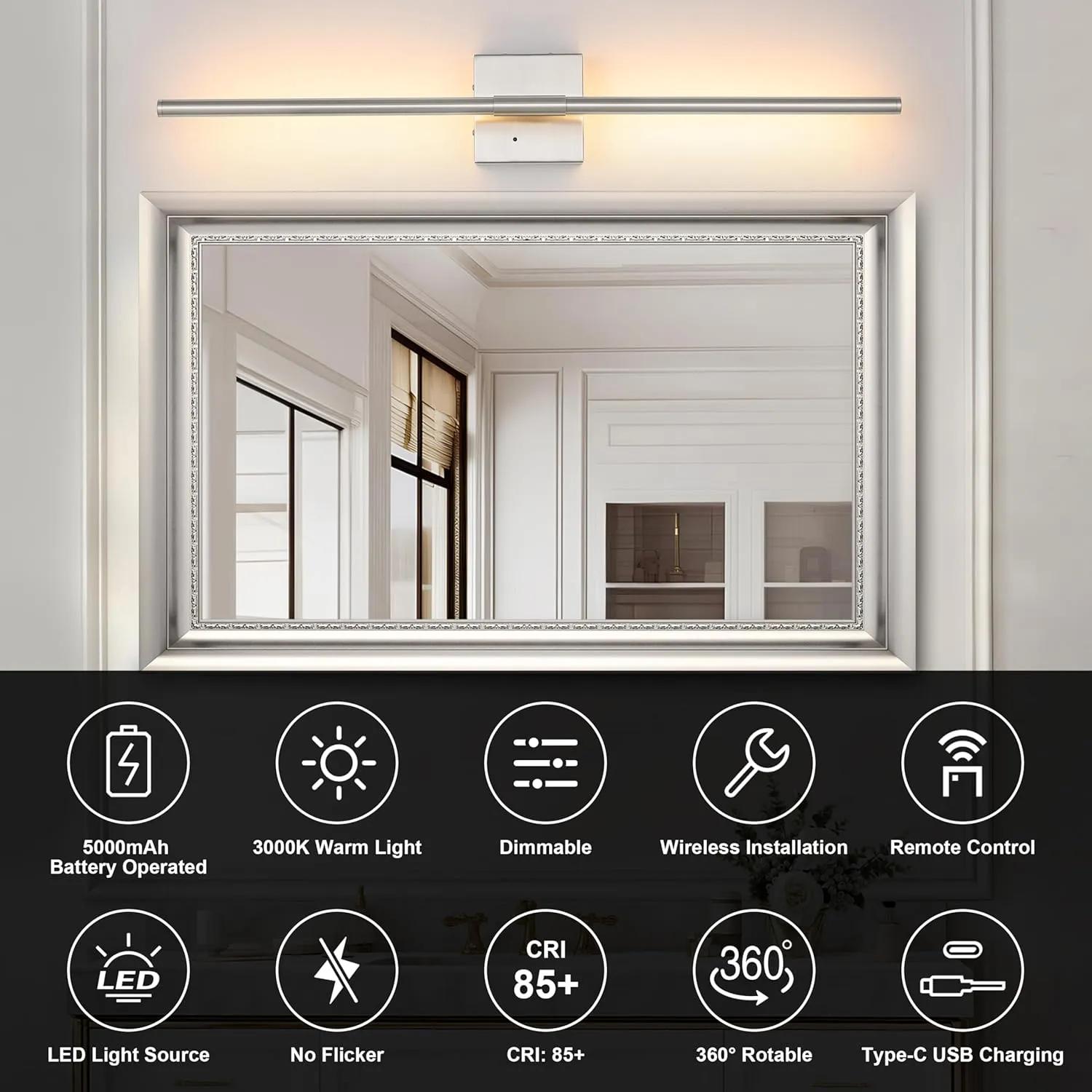 Battery Operated Wall Sconces Set of 2, Dimmable Battery Wall Sconce with Remote Control, Sand-Nickel LED Rechargeable Sconces, 24 Inch Modern Wireless Wall Lights for Bedroom, Living Room