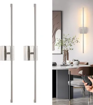 Battery Operated Wall Sconces Set of 2, Dimmable Battery Wall Sconce with Remote Control, Sand-Nickel LED Rechargeable Sconces, 24 Inch Modern Wireless Wall Lights for Bedroom, Living Room