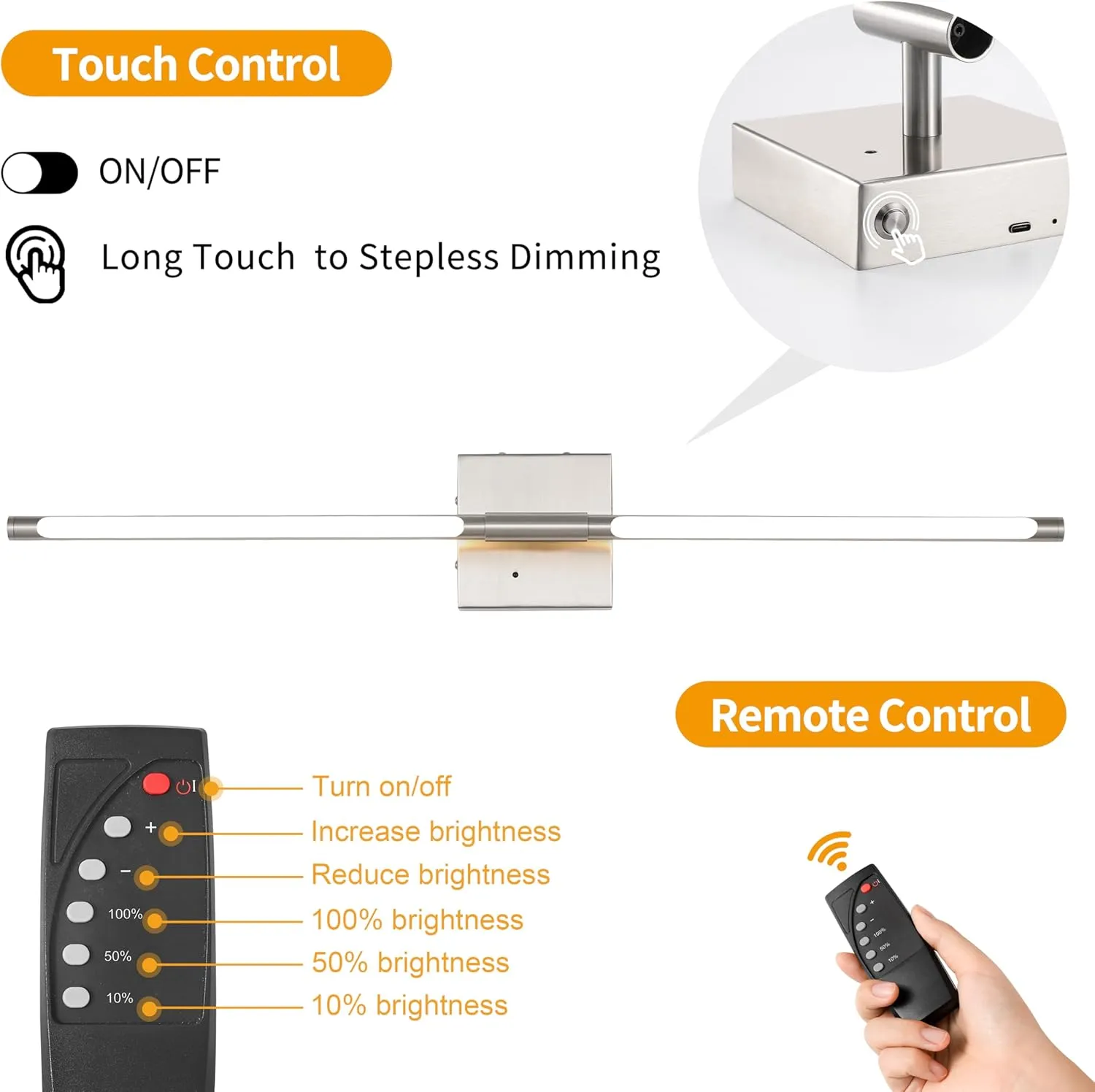 Battery Operated Wall Sconces Set of 2, Dimmable Battery Wall Sconce with Remote Control, Sand-Nickel LED Rechargeable Sconces, 24 Inch Modern Wireless Wall Lights for Bedroom, Living Room