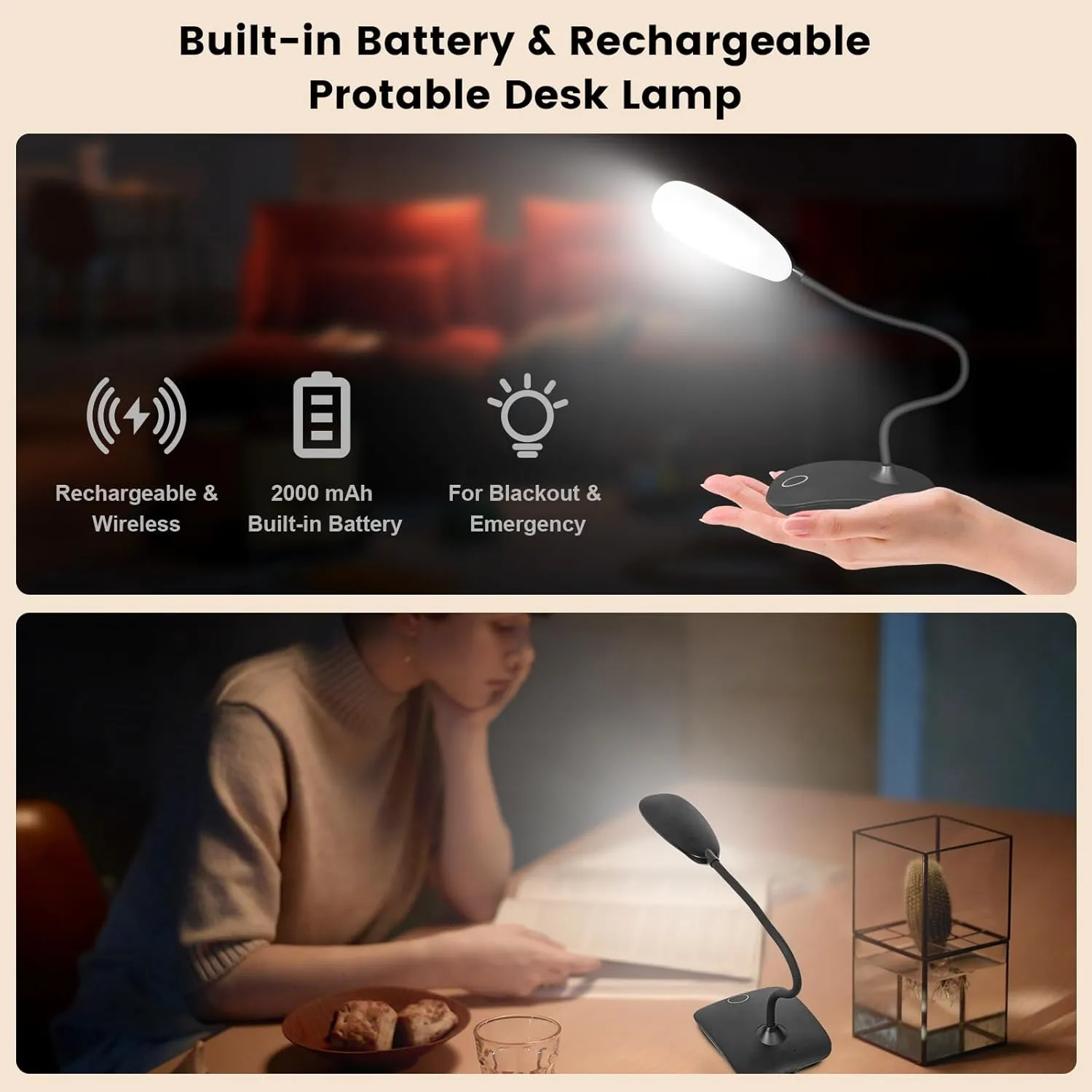 Battery Powered Desk Lamp, Portable Lamps Rechargeable 3 Color Mode Touch Control Stepless Dimming, Wireless Desk Lamp with 2000mAh, Small LED Table Light for Dorm Study Office Bedroom- Black (2-PACK)