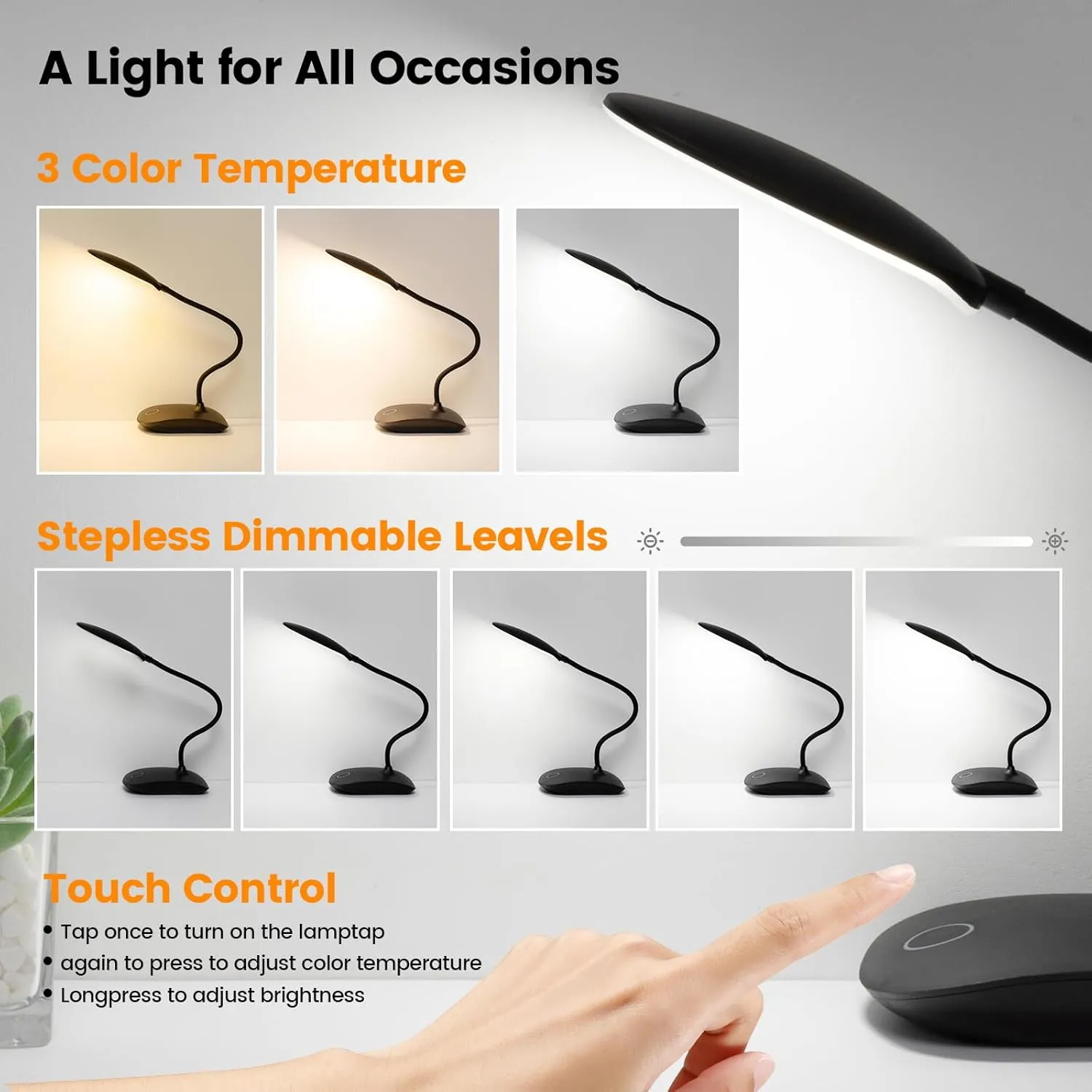 Battery Powered Desk Lamp, Portable Lamps Rechargeable 3 Color Mode Touch Control Stepless Dimming, Wireless Desk Lamp with 2000mAh, Small LED Table Light for Dorm Study Office Bedroom- Black (2-PACK)