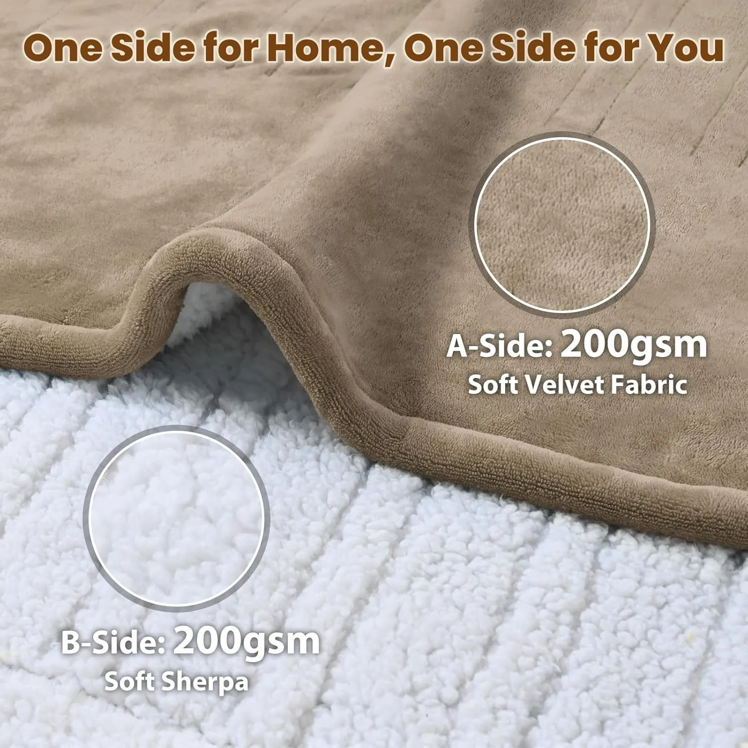 Bearhug Electric Blanket Full Size 77" × 84", Taupe - Velvet & Sherpa Heated Blanket, 10 Heating Levels & 0.5-12H Auto Off, Over-Heat Protect, ETL Certification, Machine Washable
