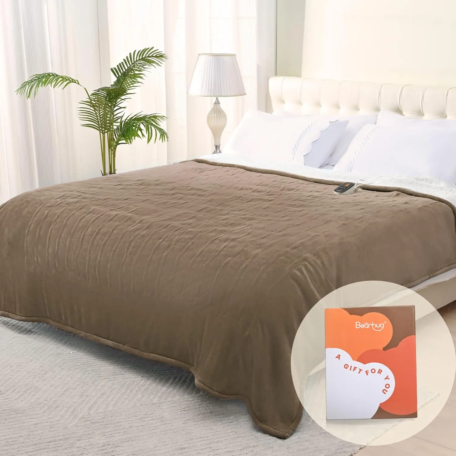 Bearhug Electric Blanket Full Size 77" × 84", Taupe - Velvet & Sherpa Heated Blanket, 10 Heating Levels & 0.5-12H Auto Off, Over-Heat Protect, ETL Certification, Machine Washable
