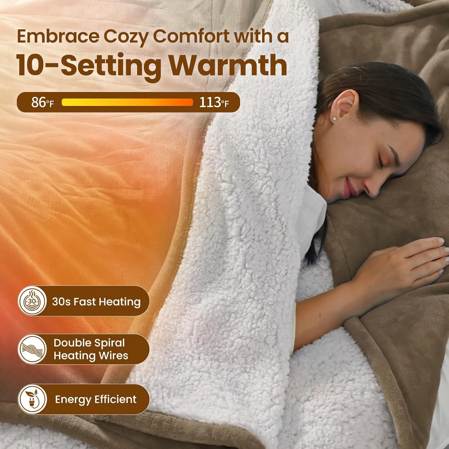 Bearhug Electric Blanket Full Size 77" × 84", Taupe - Velvet & Sherpa Heated Blanket, 10 Heating Levels & 0.5-12H Auto Off, Over-Heat Protect, ETL Certification, Machine Washable