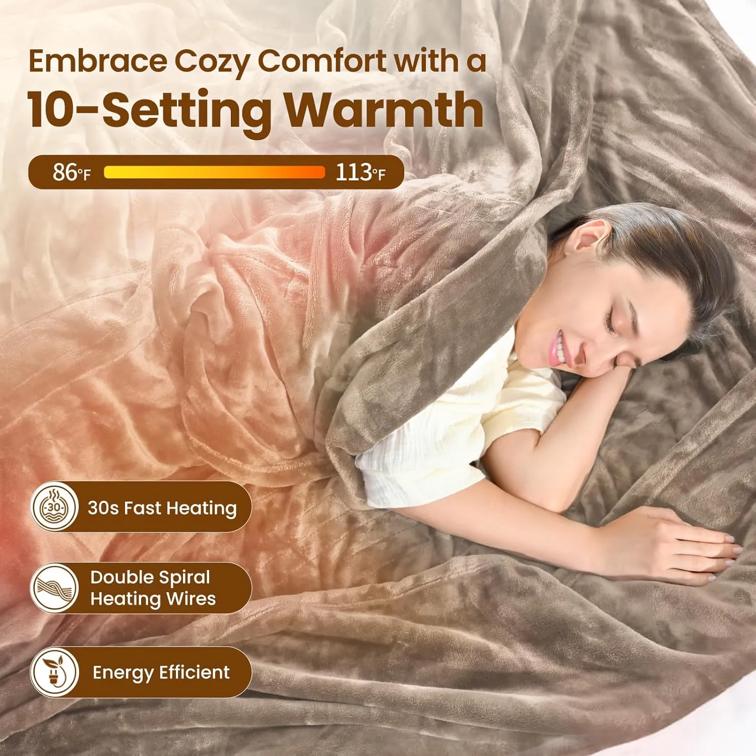 Bearhug Electric Blanket Heated Heating Blanket Twin Size 62" × 84" Double Sided Velvet 10 Heating Levels & 0.5-12H Auto Off Over-Heat Protect ETL Certification Machine Washable Taupe