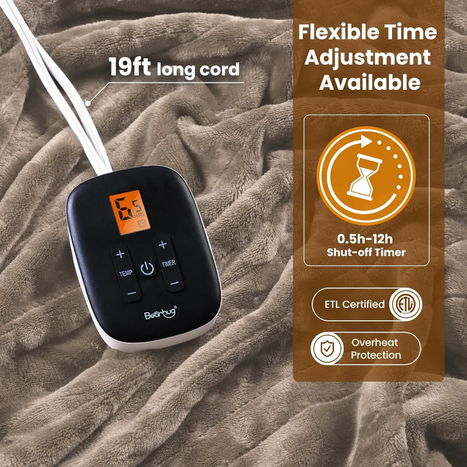 Bearhug Electric Blanket Heated Heating Blanket Twin Size 62" × 84" Double Sided Velvet 10 Heating Levels & 0.5-12H Auto Off Over-Heat Protect ETL Certification Machine Washable Taupe