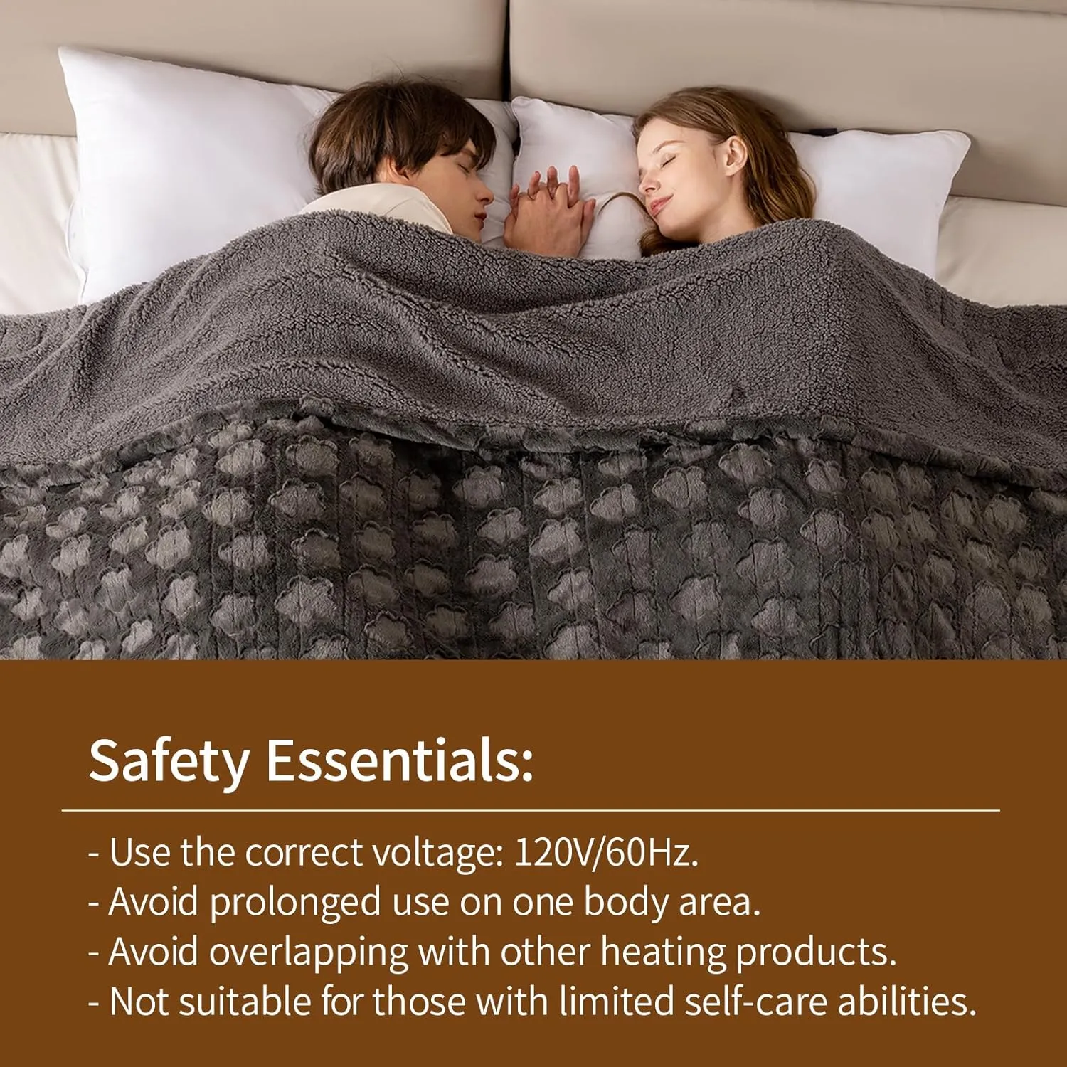 Bearhug Electric Blanket Twin Size 62" x 84", Grey Flower Patterns Faux Fur & Warm Sherpa Heated Blanket, 10 Heating Levels & 1-12H Auto Off, ETL Certified, Machine Washable