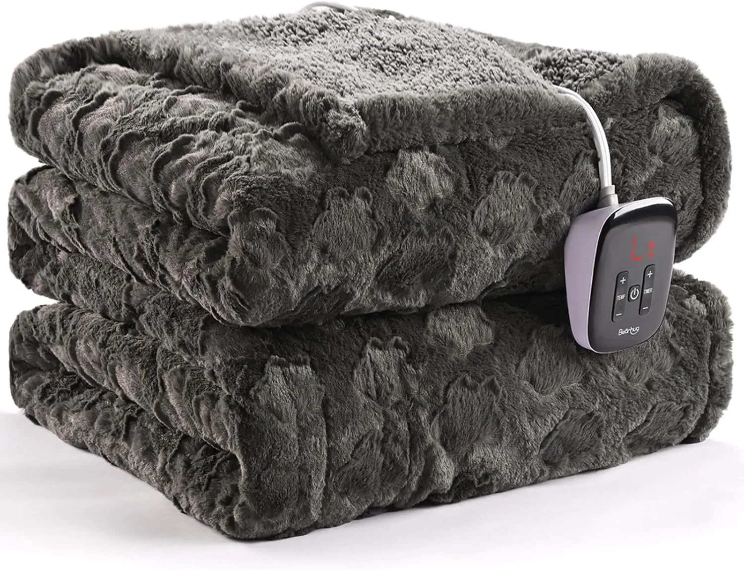 Bearhug Electric Blanket Twin Size 62" x 84", Grey Flower Patterns Faux Fur & Warm Sherpa Heated Blanket, 10 Heating Levels & 1-12H Auto Off, ETL Certified, Machine Washable