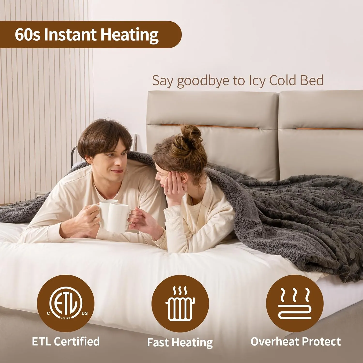 Bearhug Electric Blanket Twin Size 62" x 84", Grey Flower Patterns Faux Fur & Warm Sherpa Heated Blanket, 10 Heating Levels & 1-12H Auto Off, ETL Certified, Machine Washable