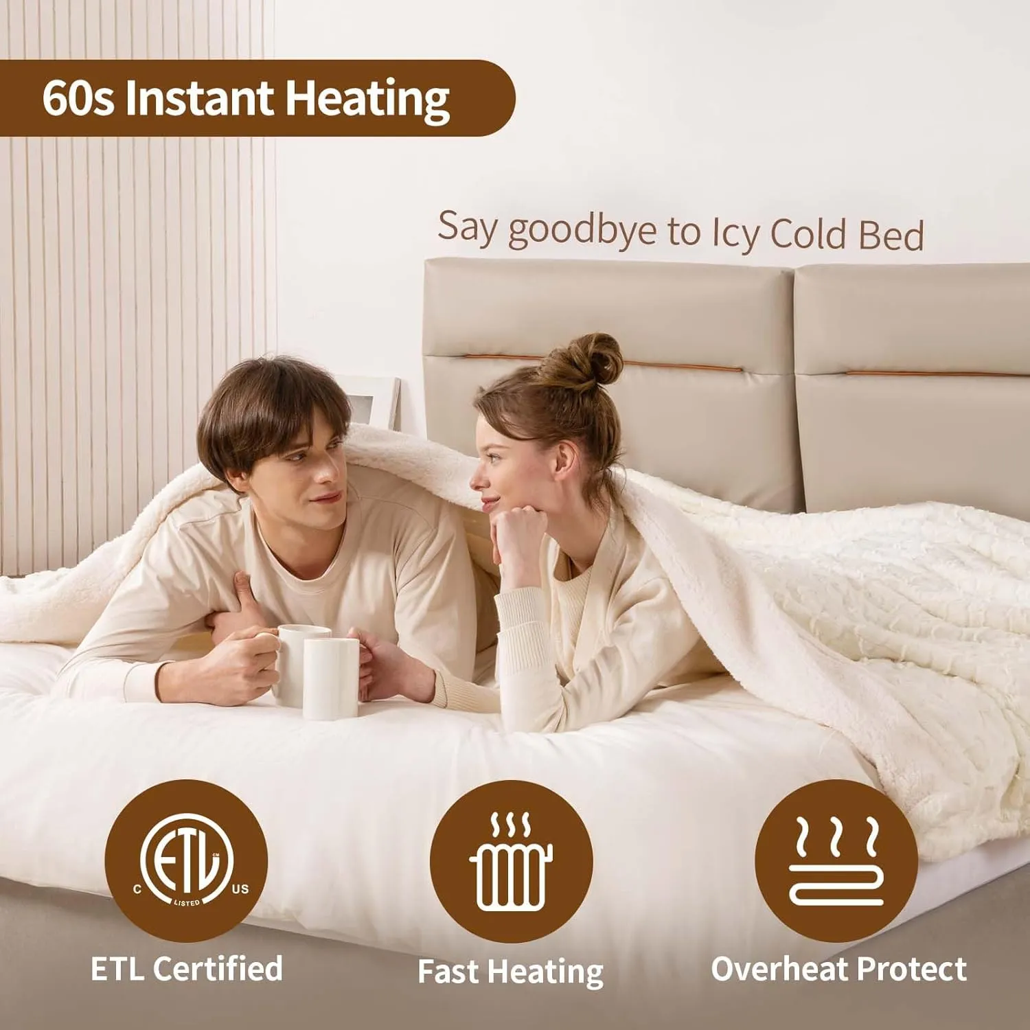 Bearhug Electric Blanket Twin Size 62" x 84", White Flower Patterns Faux Fur & Warm Sherpa Heated Blanket, 10 Heating Levels & 1-12H Auto Off, ETL Certified, Machine Washable