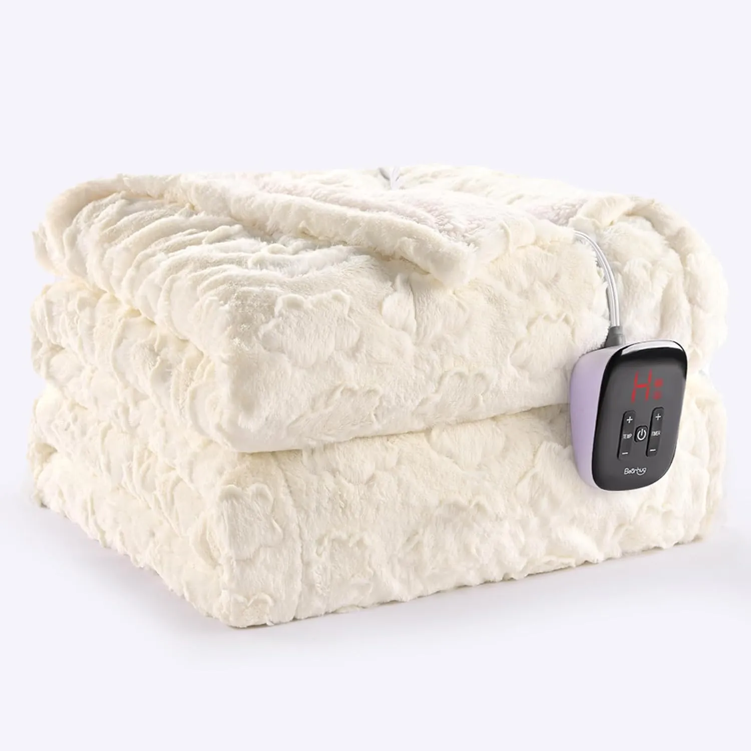 Bearhug Electric Blanket Twin Size 62" x 84", White Flower Patterns Faux Fur & Warm Sherpa Heated Blanket, 10 Heating Levels & 1-12H Auto Off, ETL Certified, Machine Washable