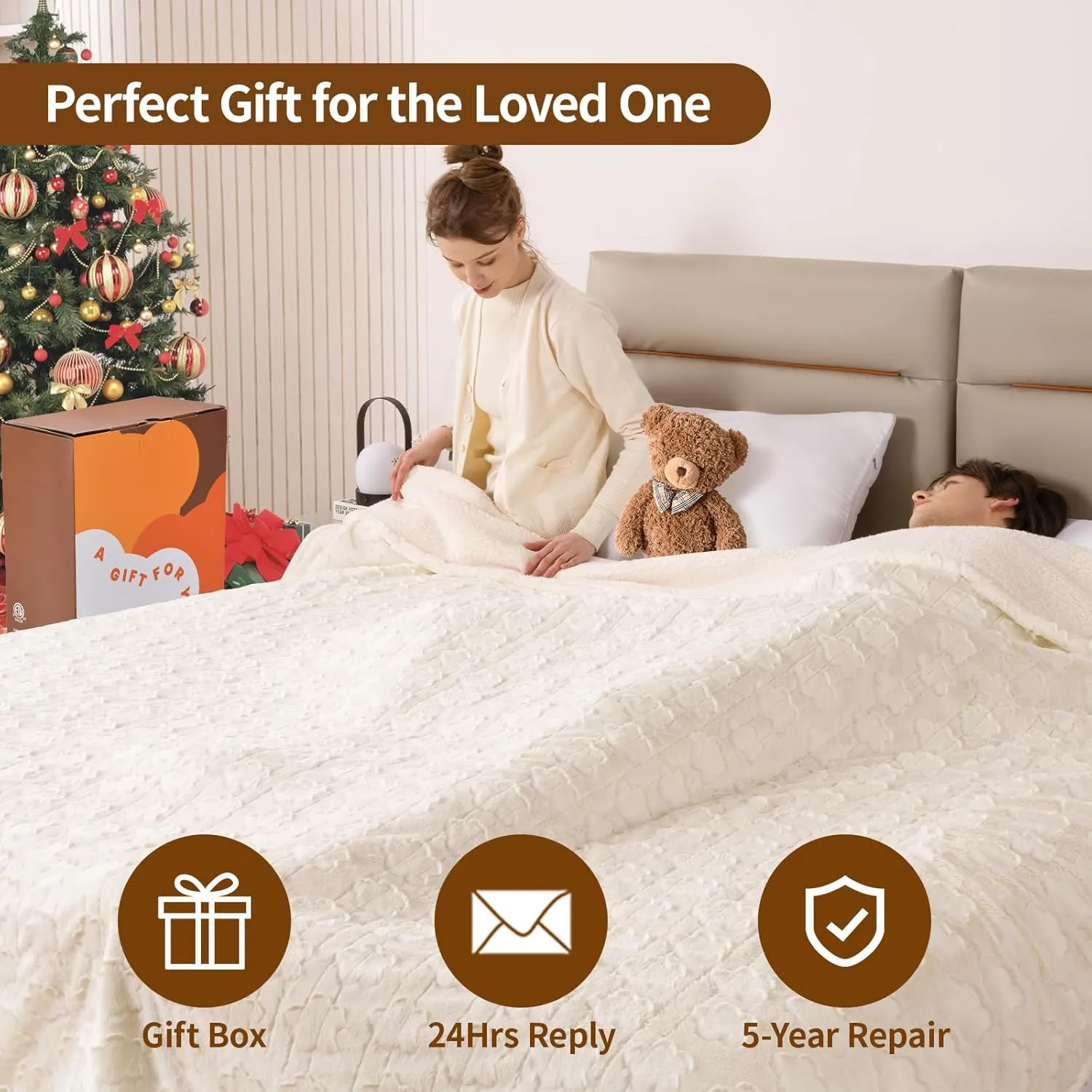 Bearhug Electric Blanket Twin Size 62" x 84", White Flower Patterns Faux Fur & Warm Sherpa Heated Blanket, 10 Heating Levels & 1-12H Auto Off, ETL Certified, Machine Washable