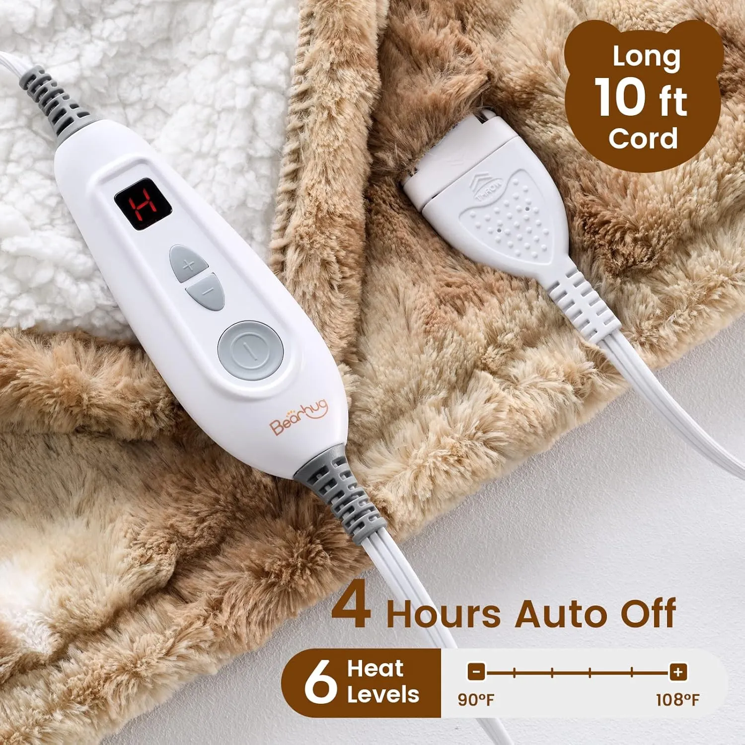 Bearhug Electric Throw Blanket 50" x 60", Faux Fur & Sherpa Heated Throw, 6 Heating Levels & 4H Auto Off, Over-Heat Protect, ETL Certification, Machine Washable