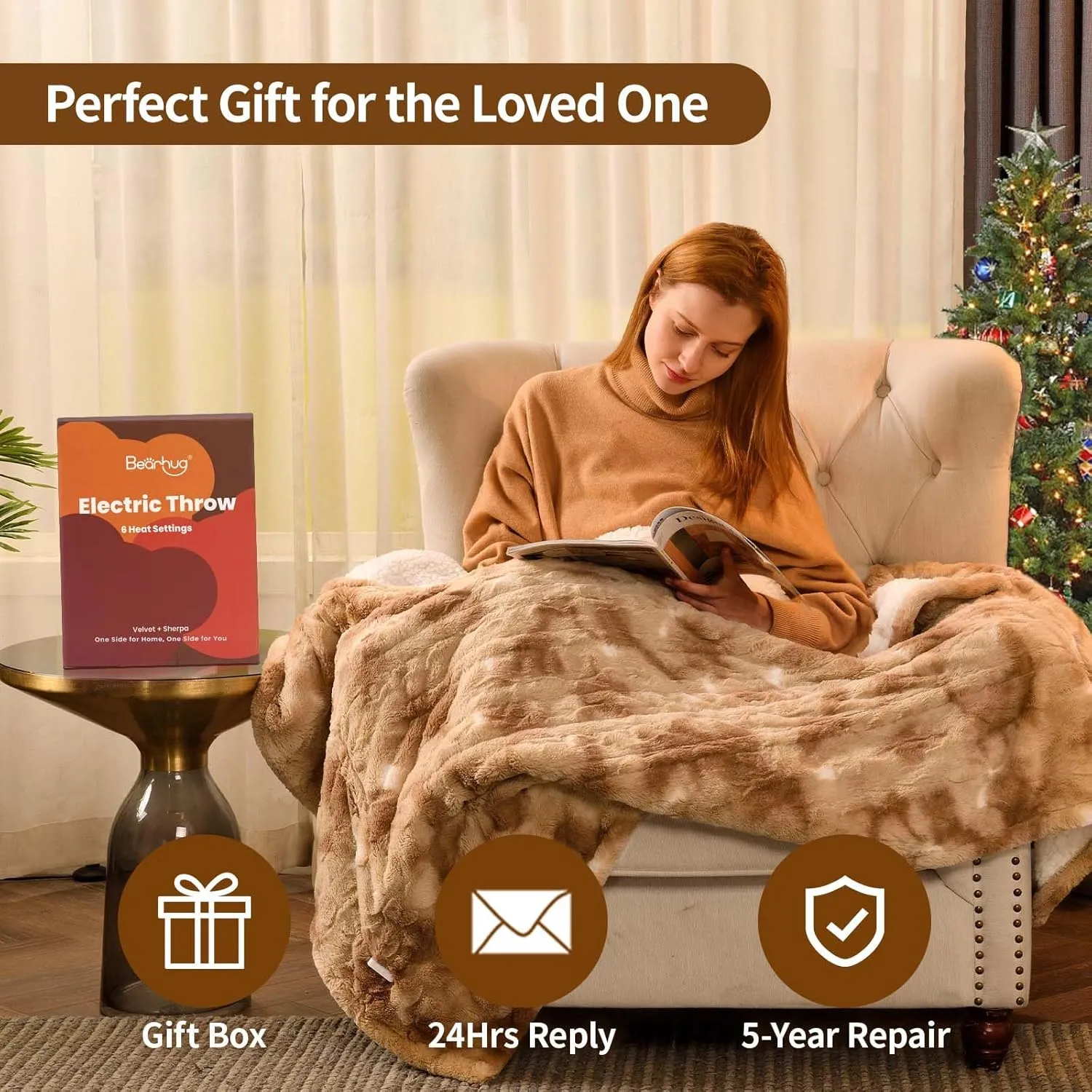 Bearhug Electric Throw Blanket 50" x 60", Faux Fur & Sherpa Heated Throw, 6 Heating Levels & 4H Auto Off, Over-Heat Protect, ETL Certification, Machine Washable
